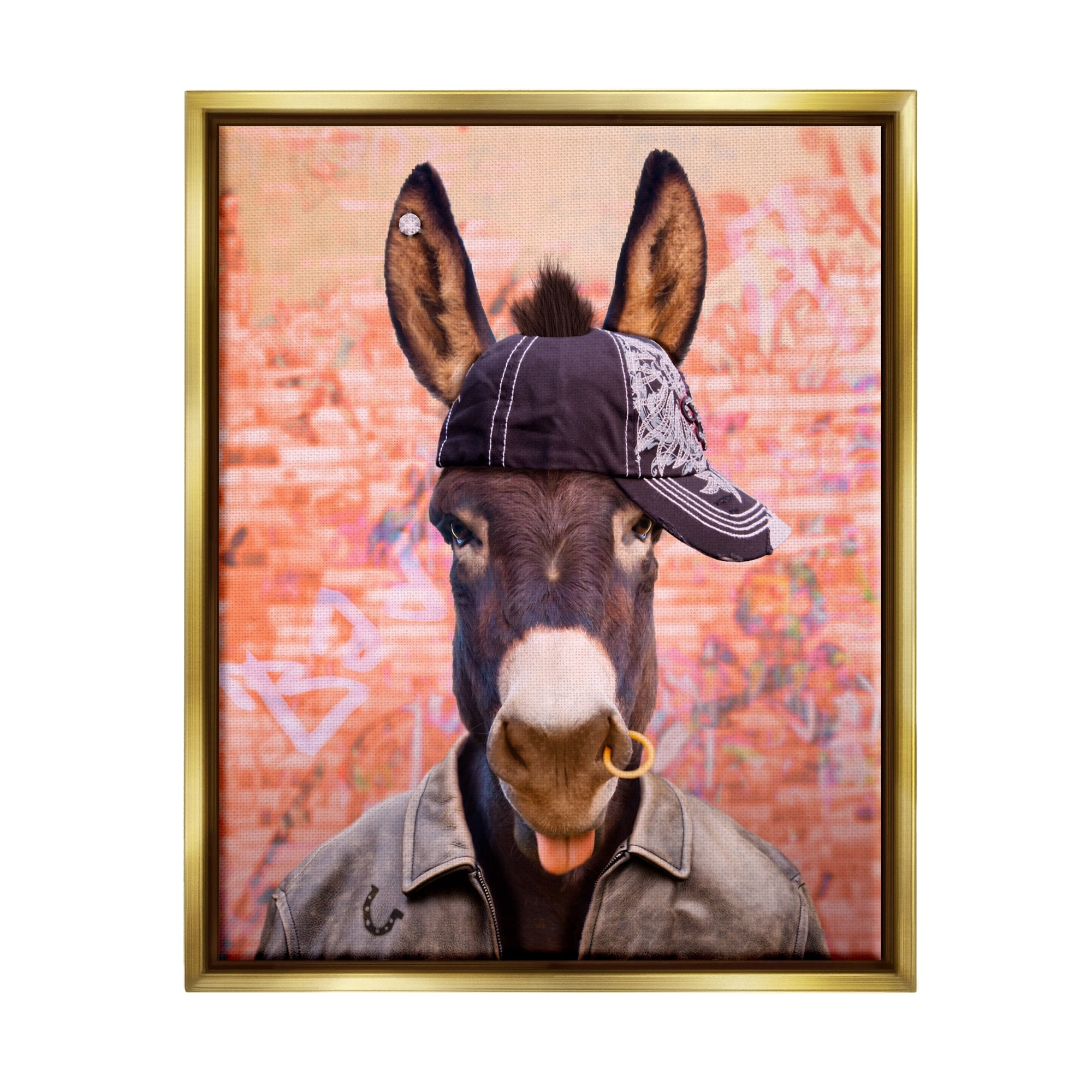 Stupell Industries Cool Trendy Donkey Wearing Hat Street Graffiti Graphic Art Metallic Gold Floating Framed Canvas Print Wall Art, Design by Michael Quackenbush