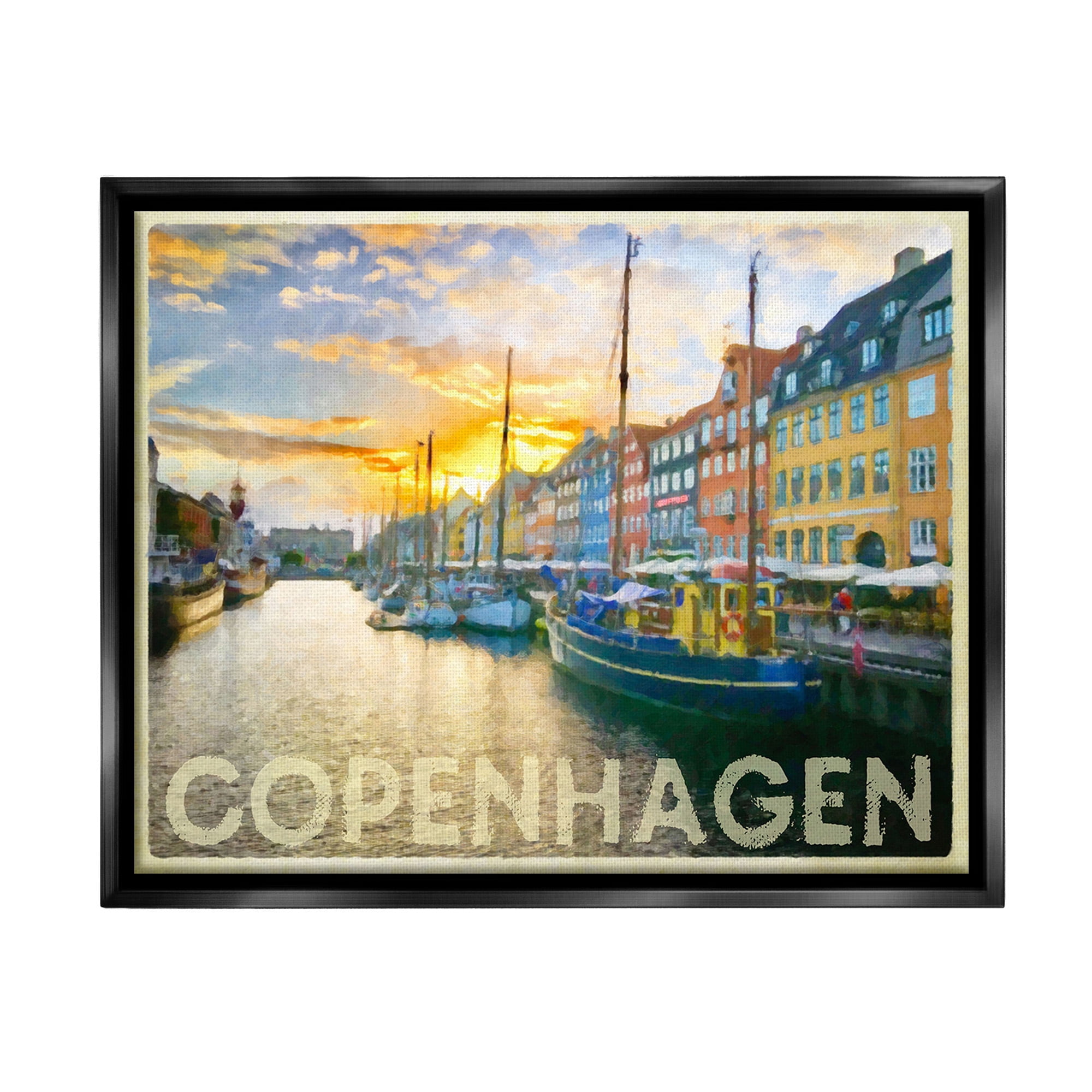 Stupell Industries Copenhagen Canal Boats Transportation Painting Black Floater Framed Canvas Art Print Wall Art, 31 x 25