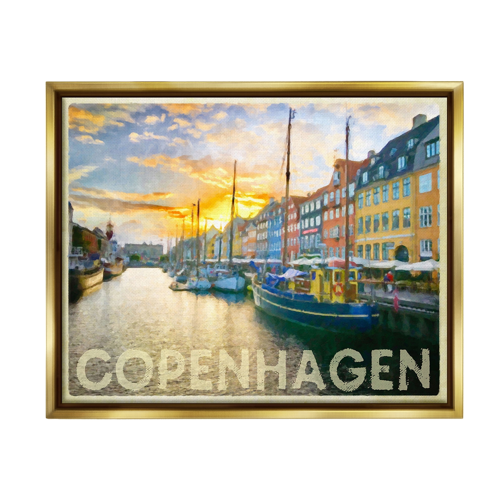 Stupell Industries Copenhagen Canal Boats Transportation Painting Gold Floater Framed Canvas Art Print Wall Art, 21 x 17