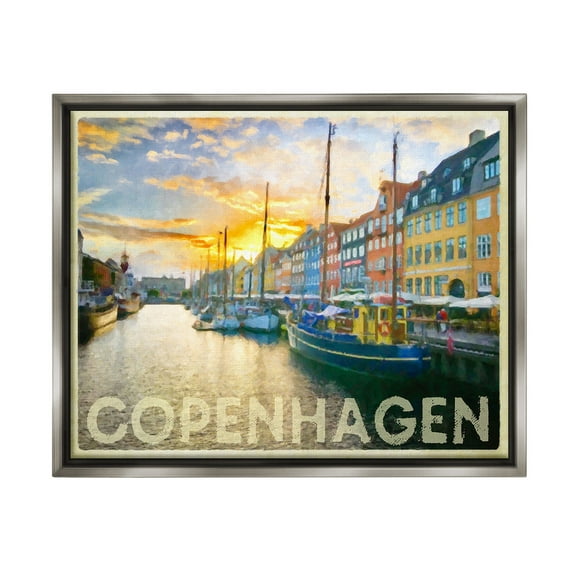 Stupell Industries Copenhagen Canal Boats Transportation Painting Gray Floater Framed Canvas Art Print Wall Art, 31 x 25