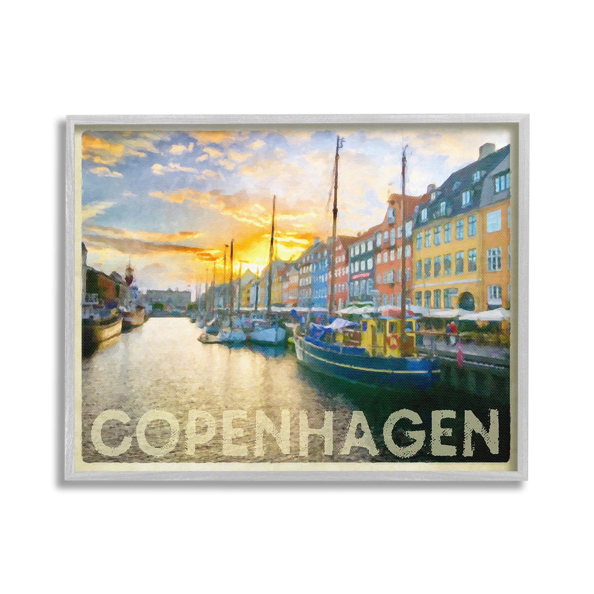 Stupell Industries Copenhagen Canal Boats Transportation Painting Gray Framed Art Print Wall Art, 20 x 16