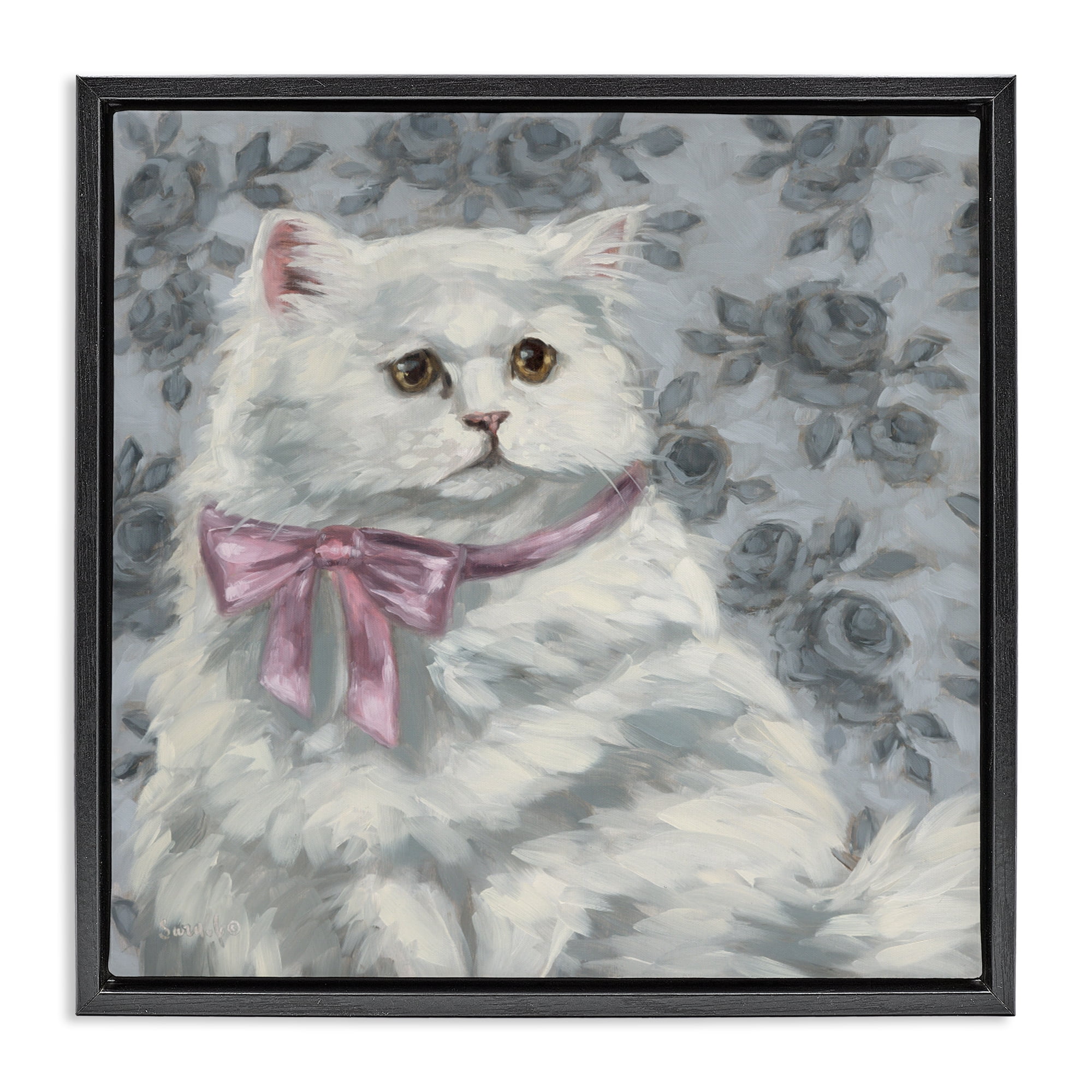 Stupell Industries Coquette Kitty Portrait Black Framed Floater Canvas Wall Art, design by Sara G. Designs