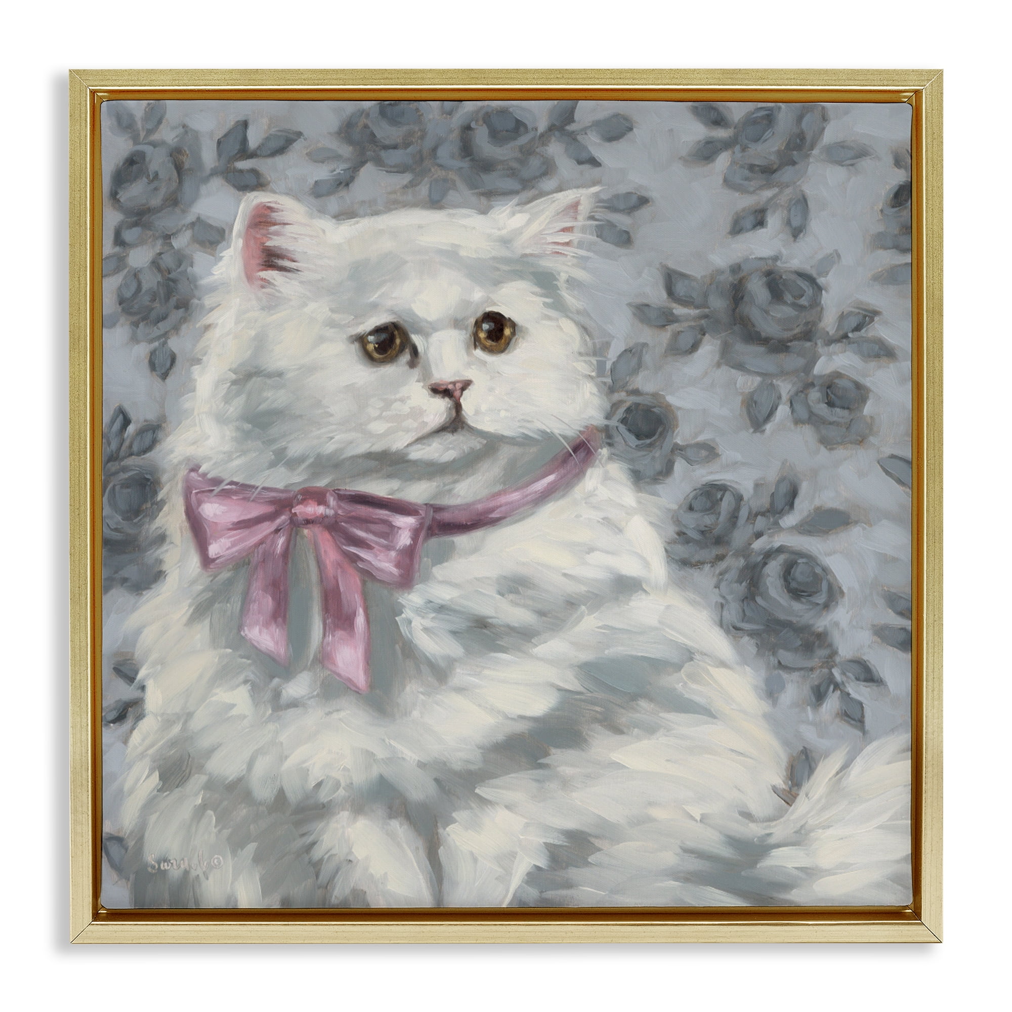 Stupell Industries Coquette Kitty Portrait Gold Framed Floater Canvas Wall Art, design by Sara G. Designs