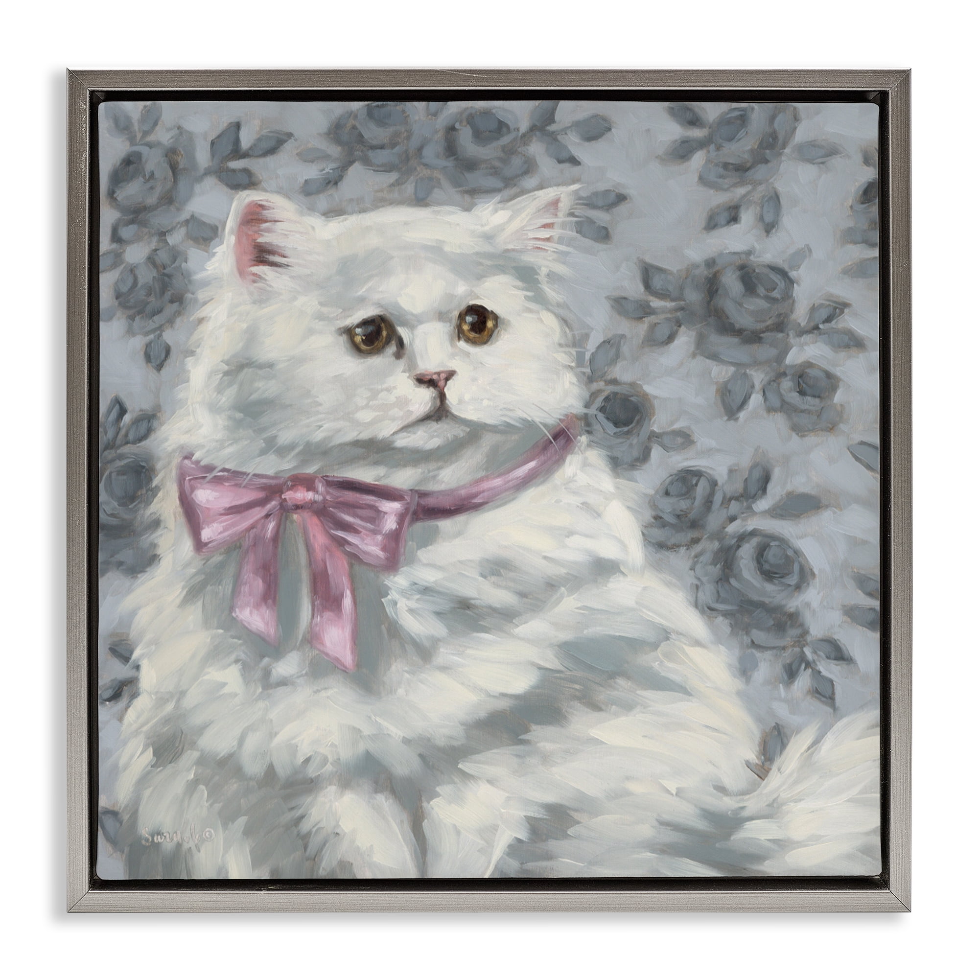 Stupell Industries Coquette Kitty Portrait Gray Framed Floater Canvas Wall Art, design by Sara G. Designs