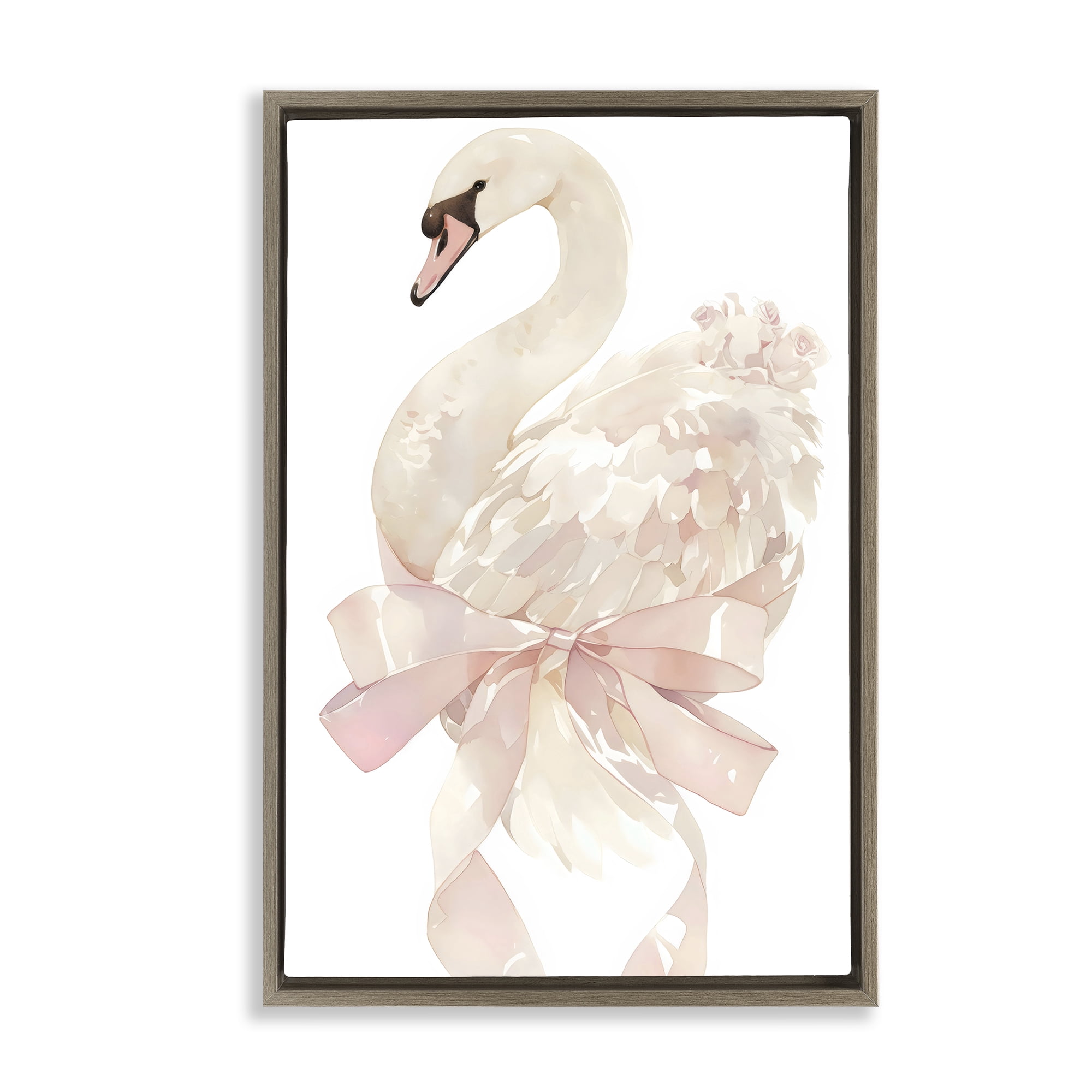 Stupell Industries Coquette Swan with Bow Brown Framed Floater Canvas Wall Art, design by Creative Studio