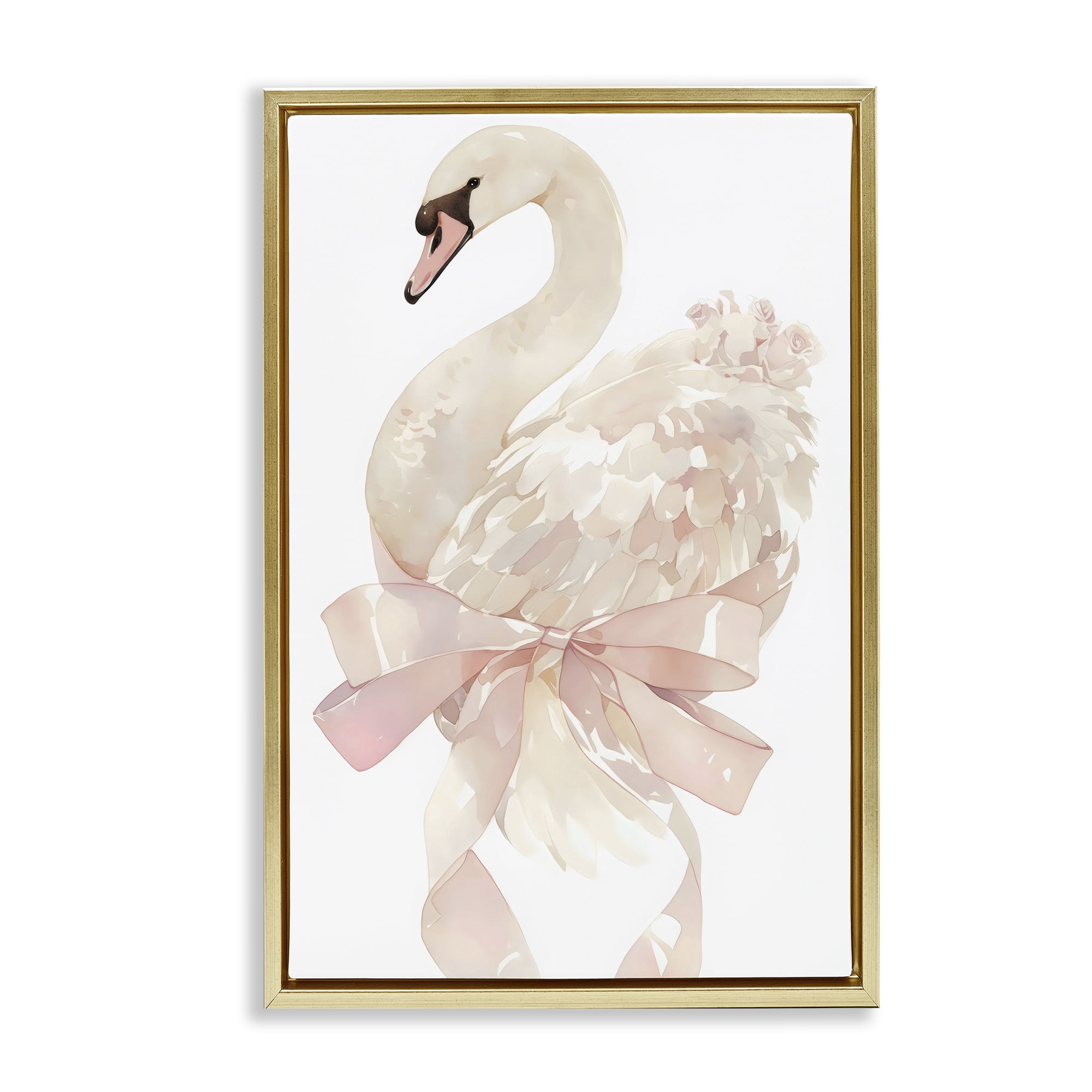 Stupell Industries Coquette Swan with Bow Gold Framed Floater Canvas Wall Art, design by Creative Studio