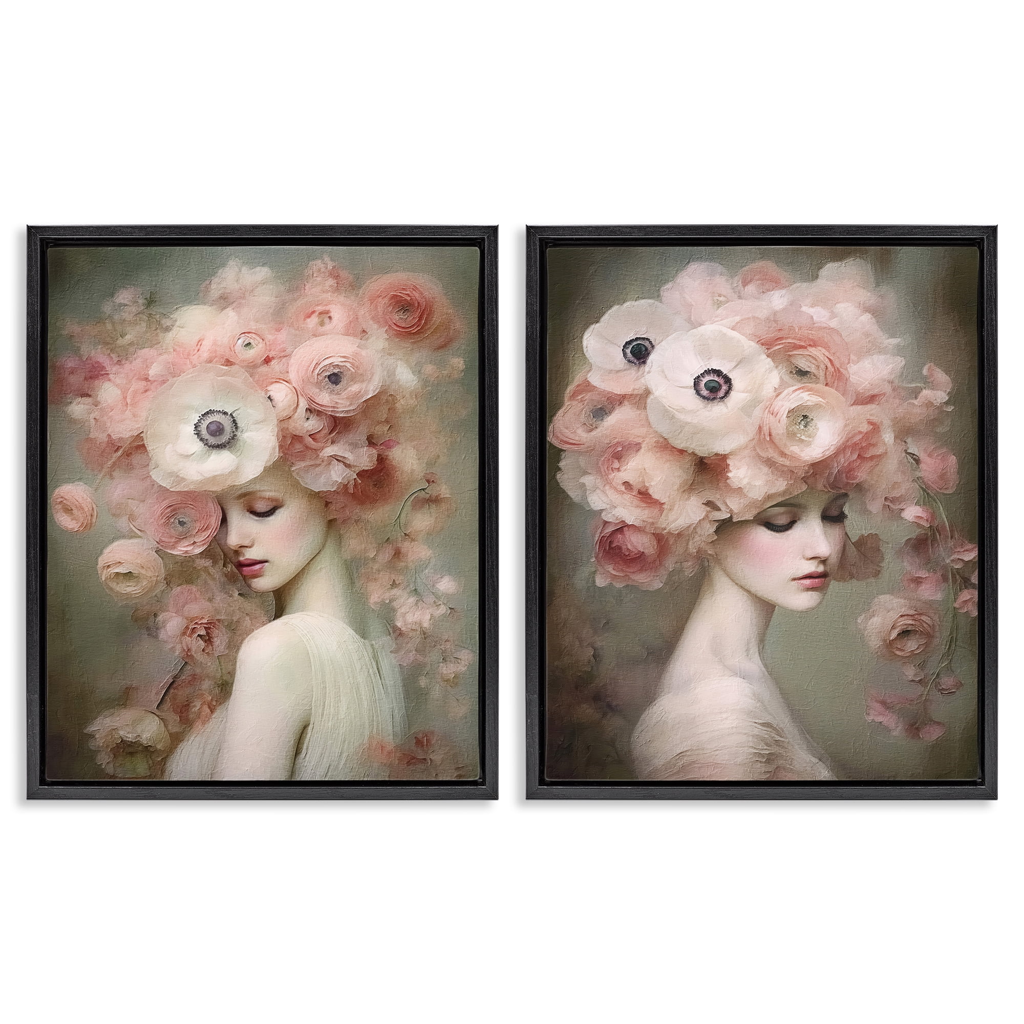 Stupell Industries Coral Blush Female Figure Plants & Flowers Painting Black Floater Framed Canvas Art Print Wall Art, 17 x 21, Set of 2
