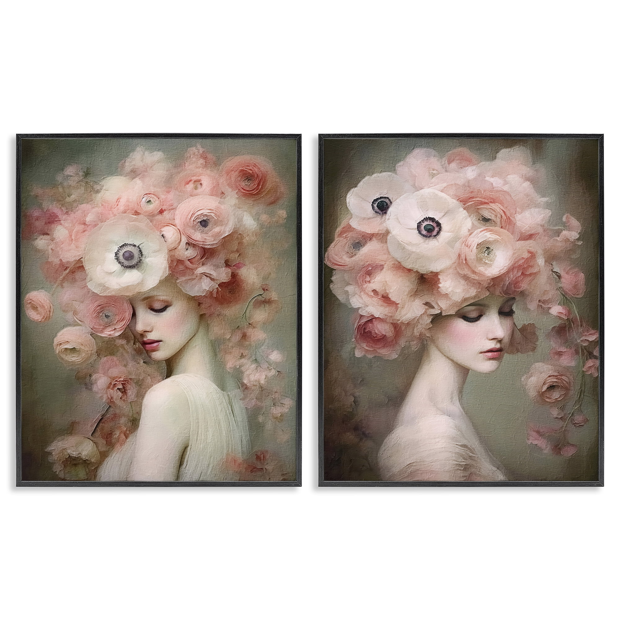 Stupell Industries Coral Blush Female Figure Plants & Flowers Painting Black Framed Art Print Wall Art, 16 x 20, Set of 2