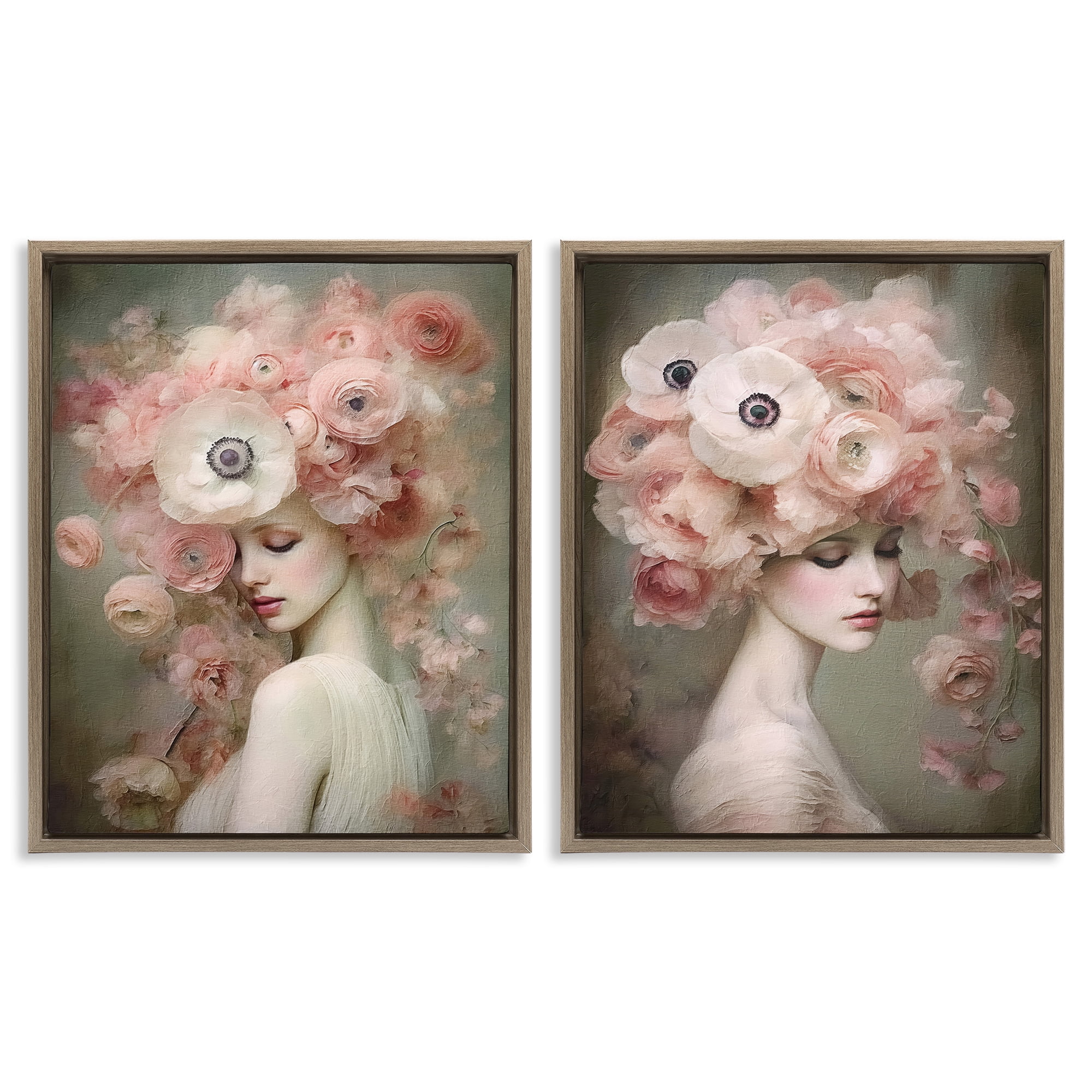 Stupell Industries Coral Blush Female Figure Plants & Flowers Painting Brown Floater Framed Canvas Art Print Wall Art, 17 x 21, Set of 2