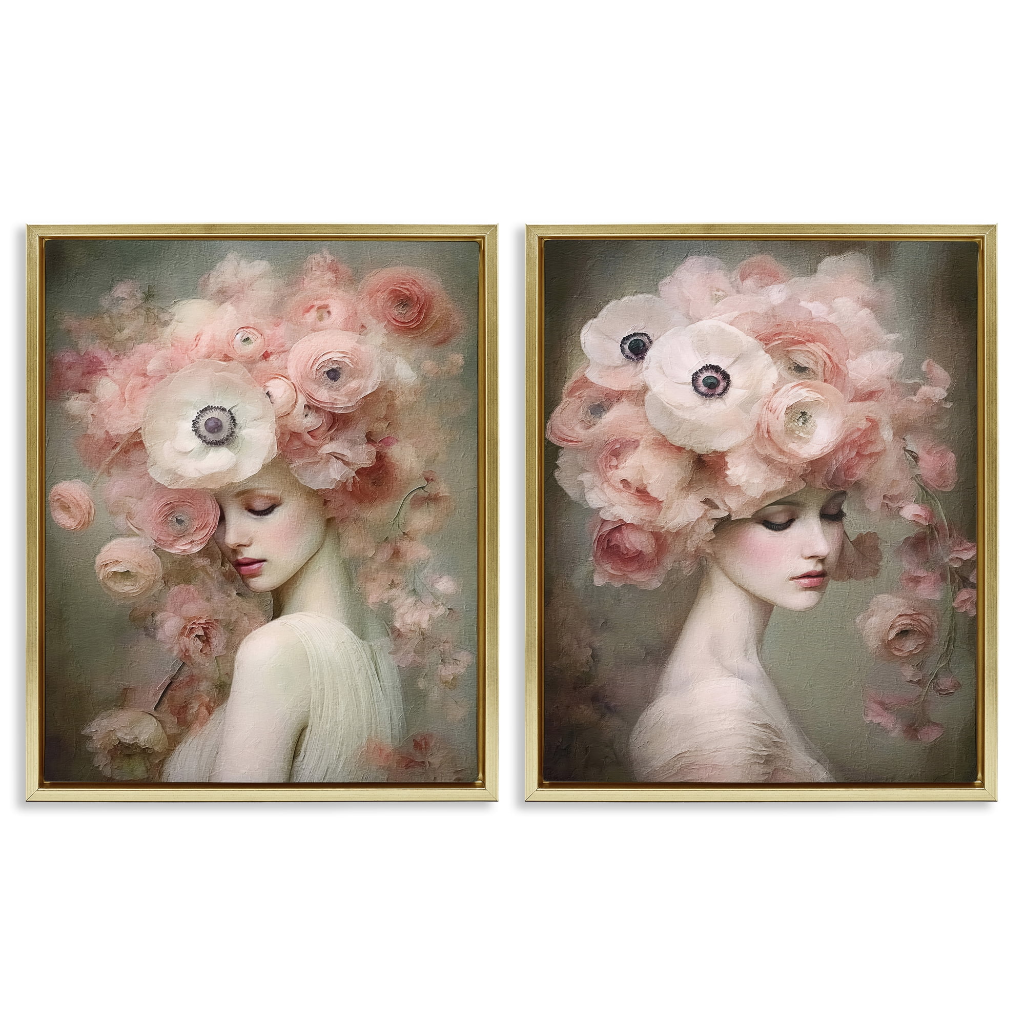 Stupell Industries Coral Blush Female Figure Plants & Flowers Painting Gold Floater Framed Canvas Art Print Wall Art, 31 x 25, Set of 2