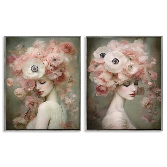 Stupell Industries Coral Blush Female Figure Plants & Flowers Painting Gray Framed Art Print Wall Art, 24 x 30, Set of 2