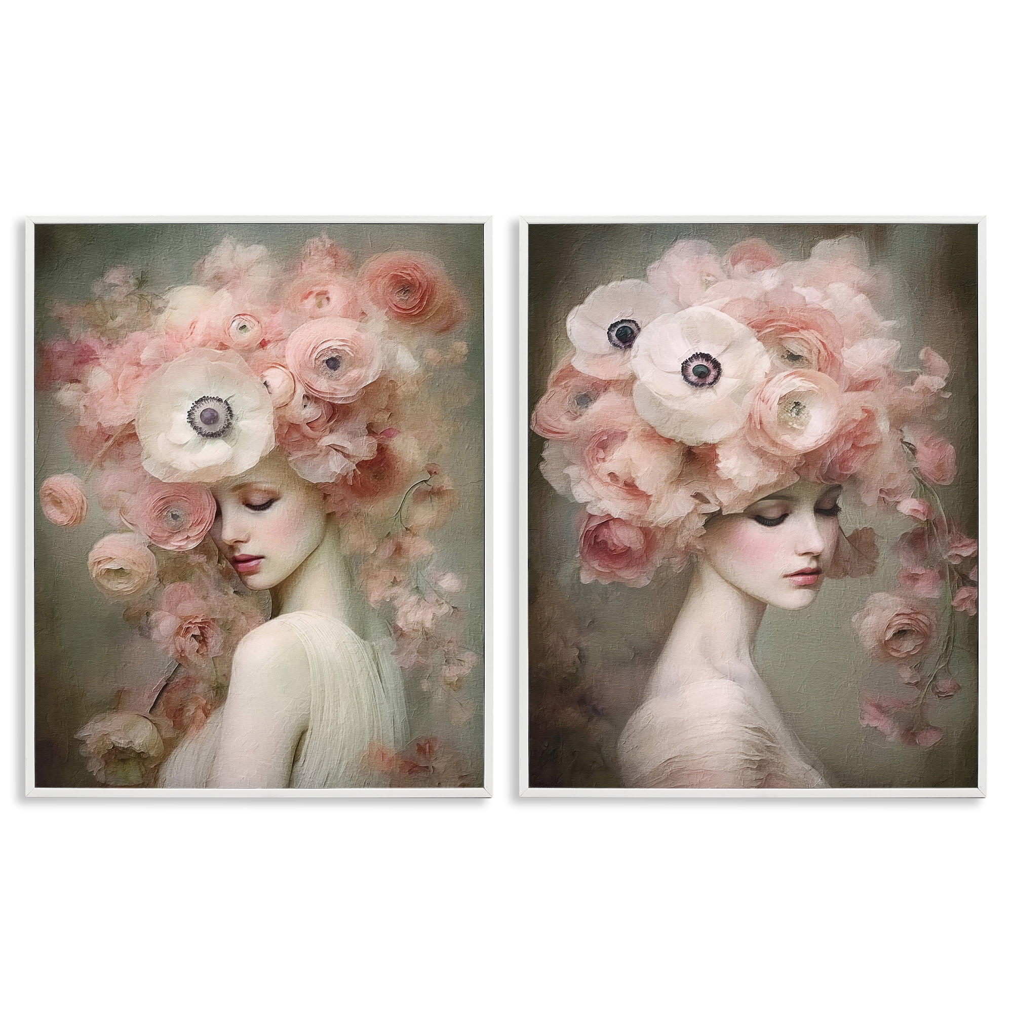Stupell Industries Coral Blush Female Figure Plants & Flowers Painting White Framed Art Print Wall Art, 16 x 20, Set of 2