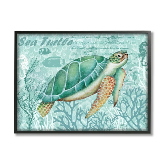 Stupell Industries Coral Bordered Sea Turtle Seahorse Script Calligraphy Graphic Art Black Framed Art Print Wall Art, Design by Emma Leach
