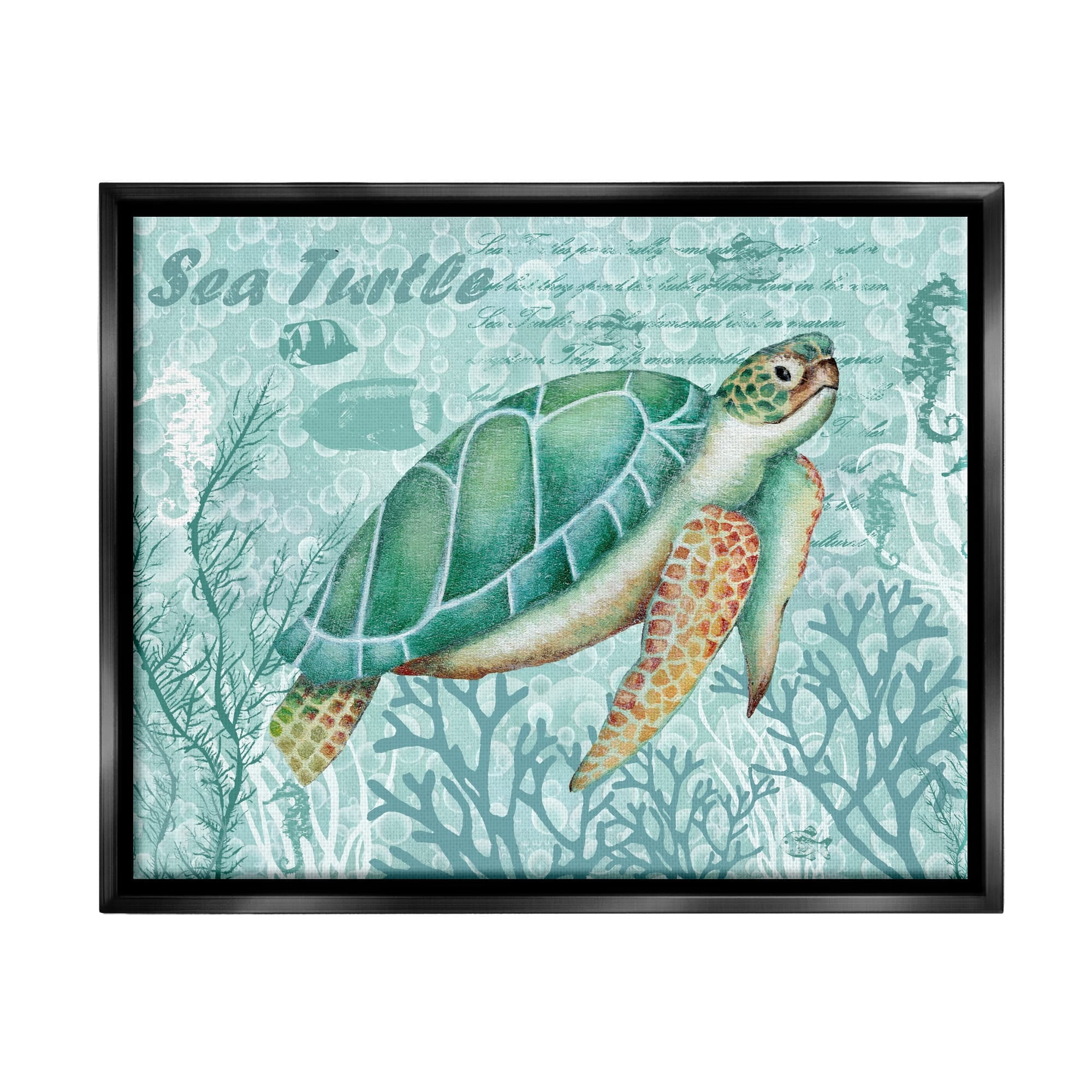 Stupell Industries Coral Bordered Sea Turtle Seahorse Script Calligraphy Graphic Art Jet Black Floating Framed Canvas Print Wall Art, Design by Emma Leach