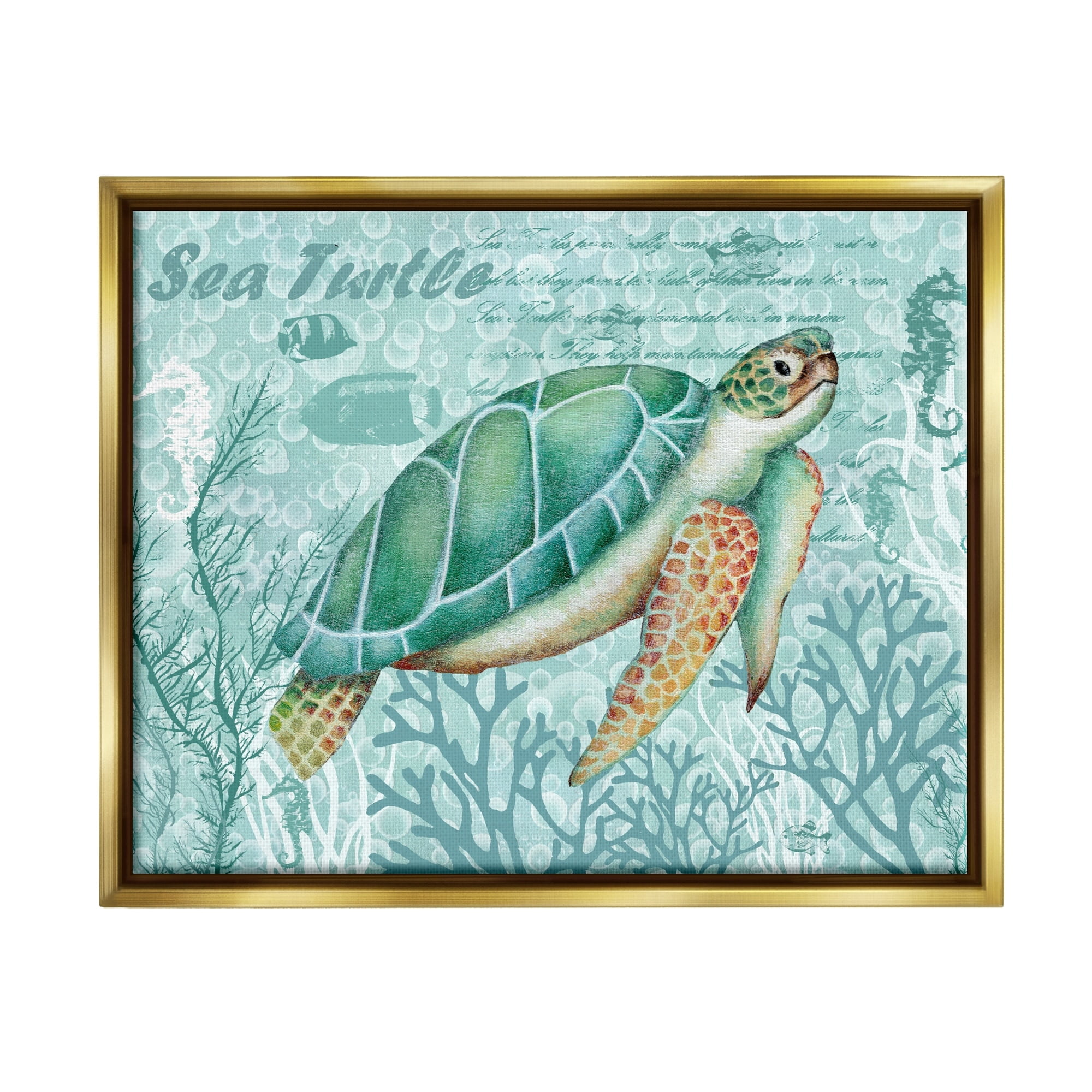 Stupell Industries Coral Bordered Sea Turtle Seahorse Script Calligraphy Graphic Art Metallic Gold Floating Framed Canvas Print Wall Art, Design by Emma Leach