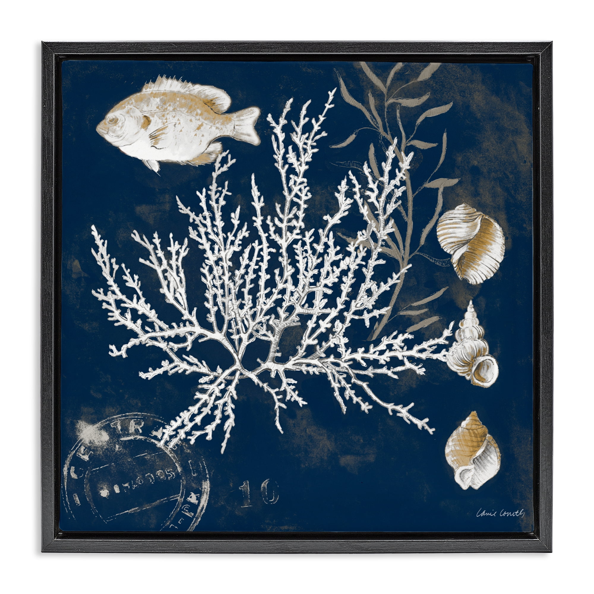 Stupell Industries Coral Medley on Blue Black Framed Floater Canvas Wall Art, design by Lanie Loreth