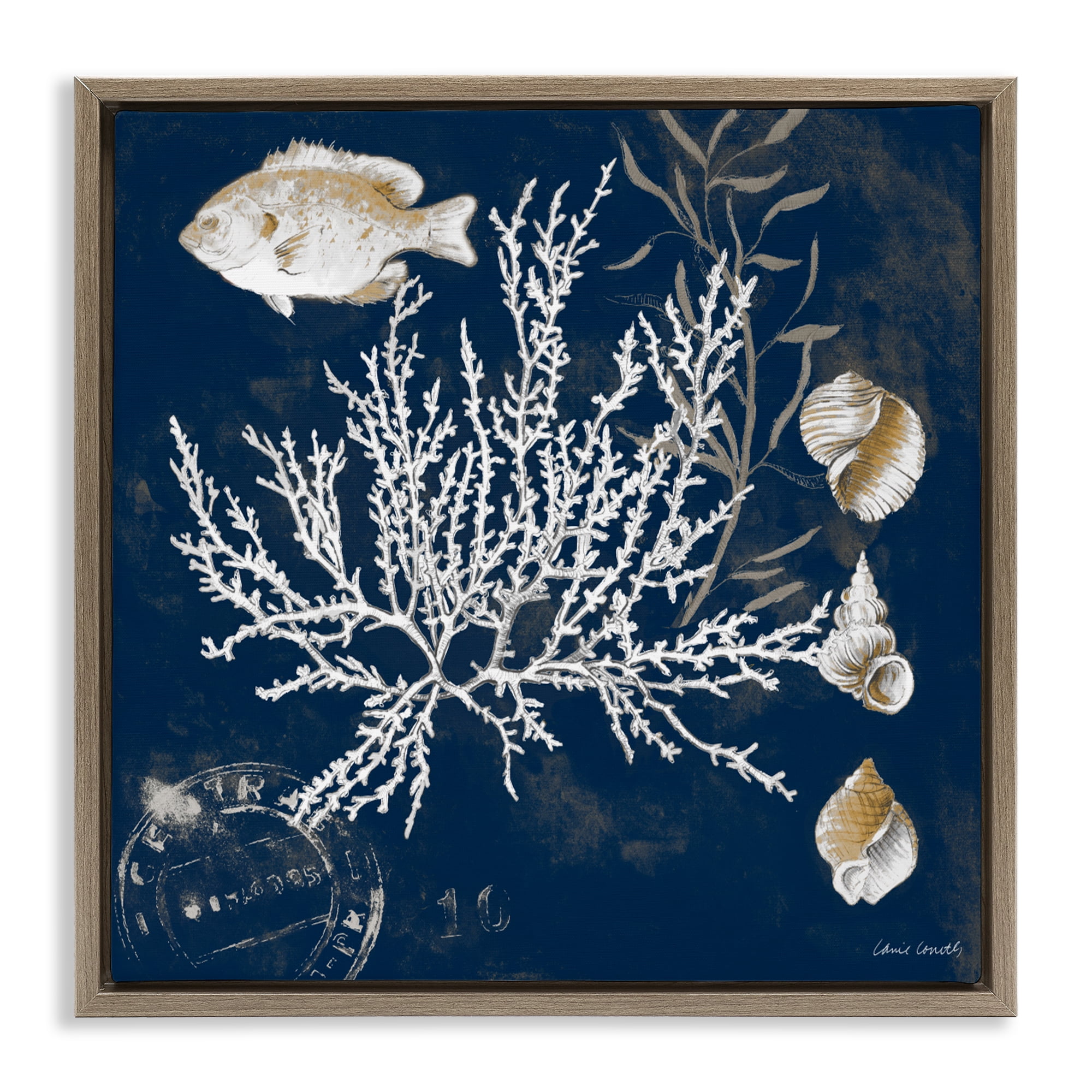 Stupell Industries Coral Medley on Blue Brown Framed Floater Canvas Wall Art, design by Lanie Loreth
