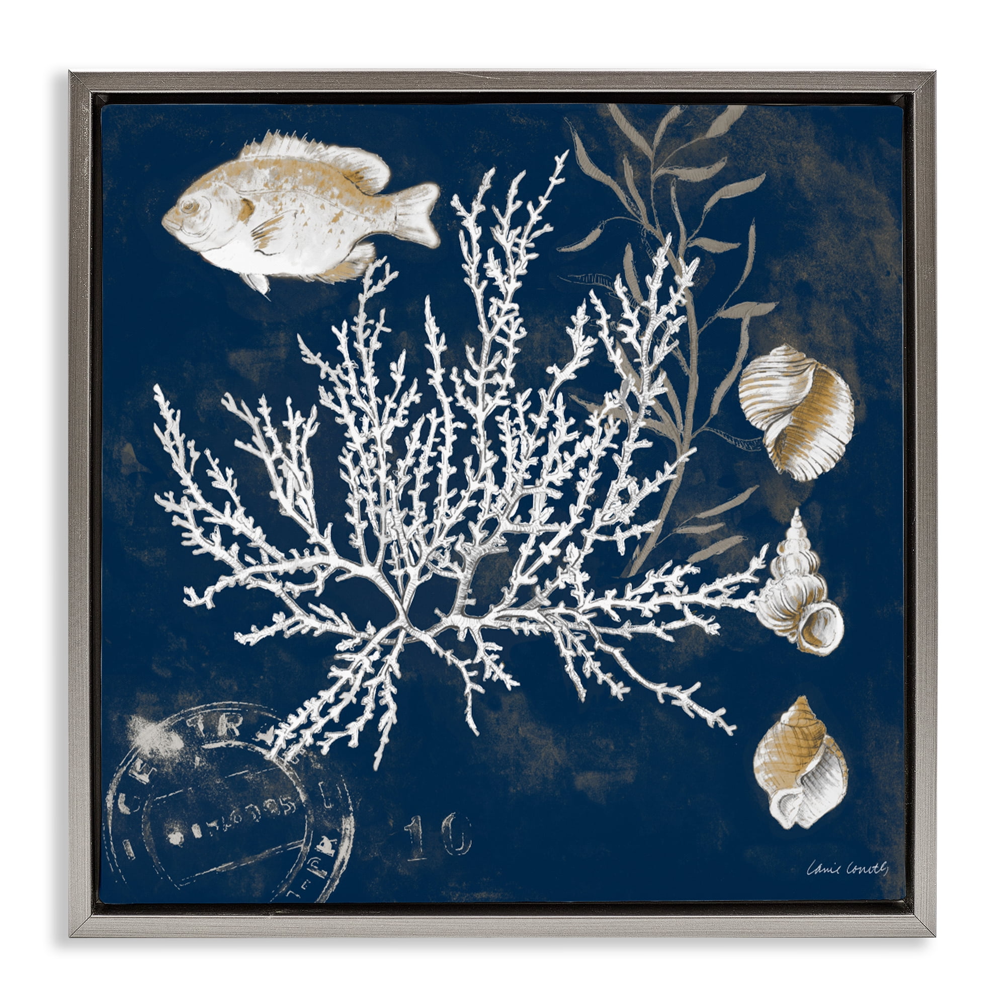 Stupell Industries Coral Medley on Blue Gray Framed Floater Canvas Wall Art, design by Lanie Loreth