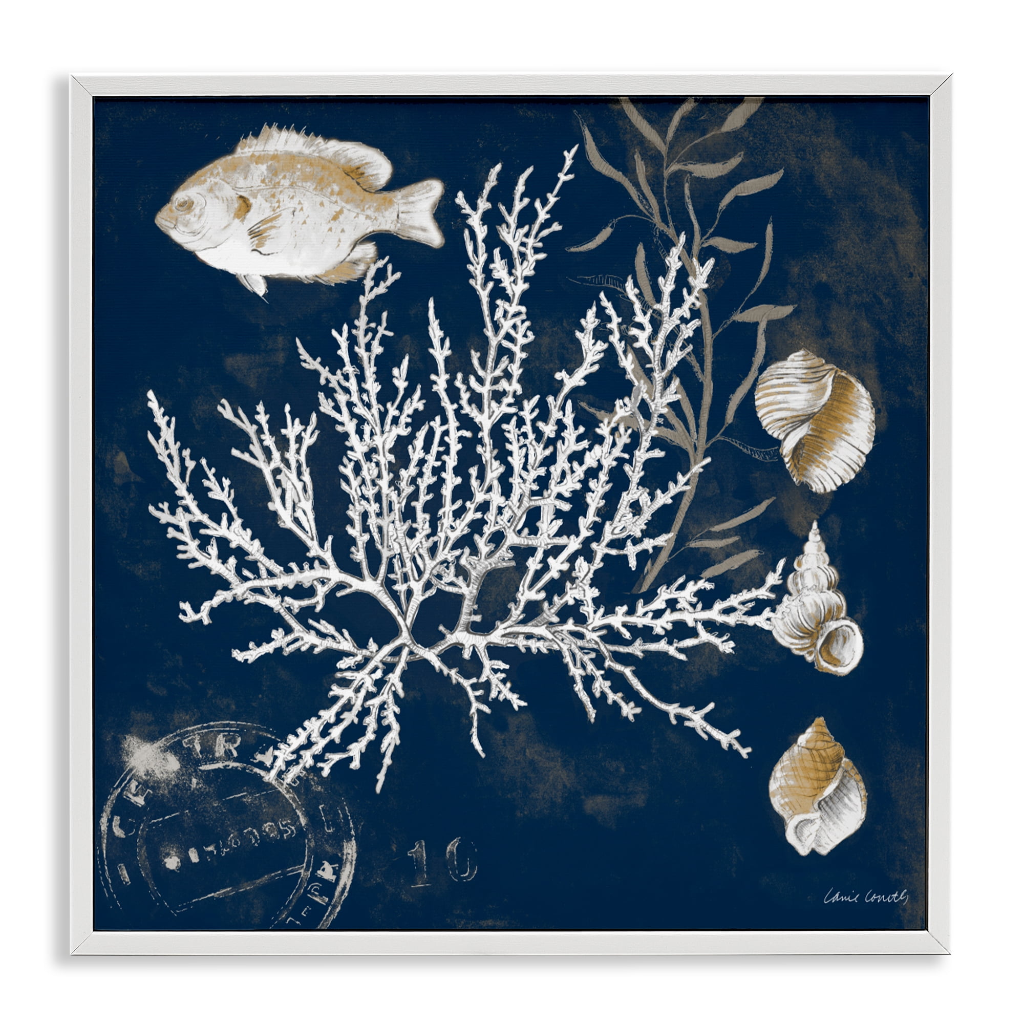 Stupell Industries Coral Medley on Blue White Framed Giclee Art, design by Lanie Loreth