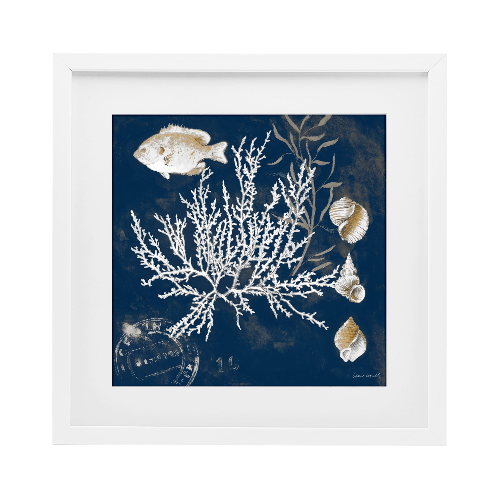 Stupell Industries Coral Medley on Blue White Framed Print Under Glass, design by Lanie Loreth