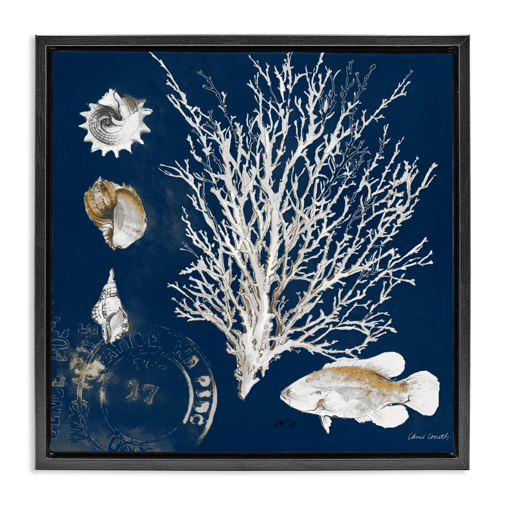 Stupell Industries Coral Medley on Navy Black Framed Floater Canvas Wall Art, design by Lanie Loreth