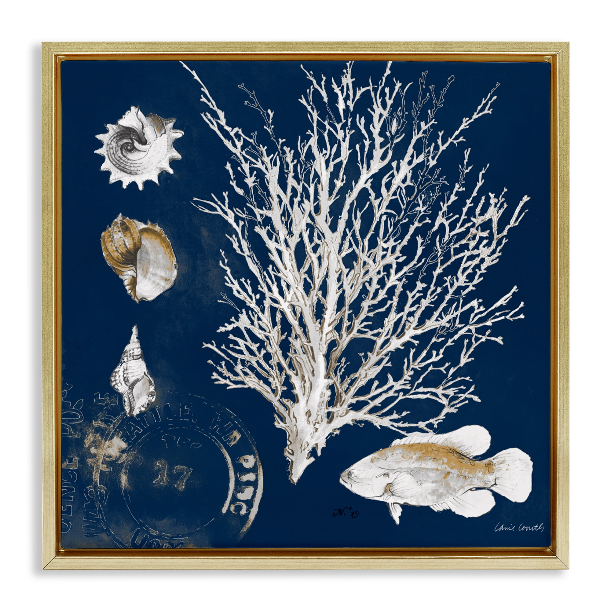 Stupell Industries Coral Medley on Navy Gold Framed Floater Canvas Wall Art, design by Lanie Loreth