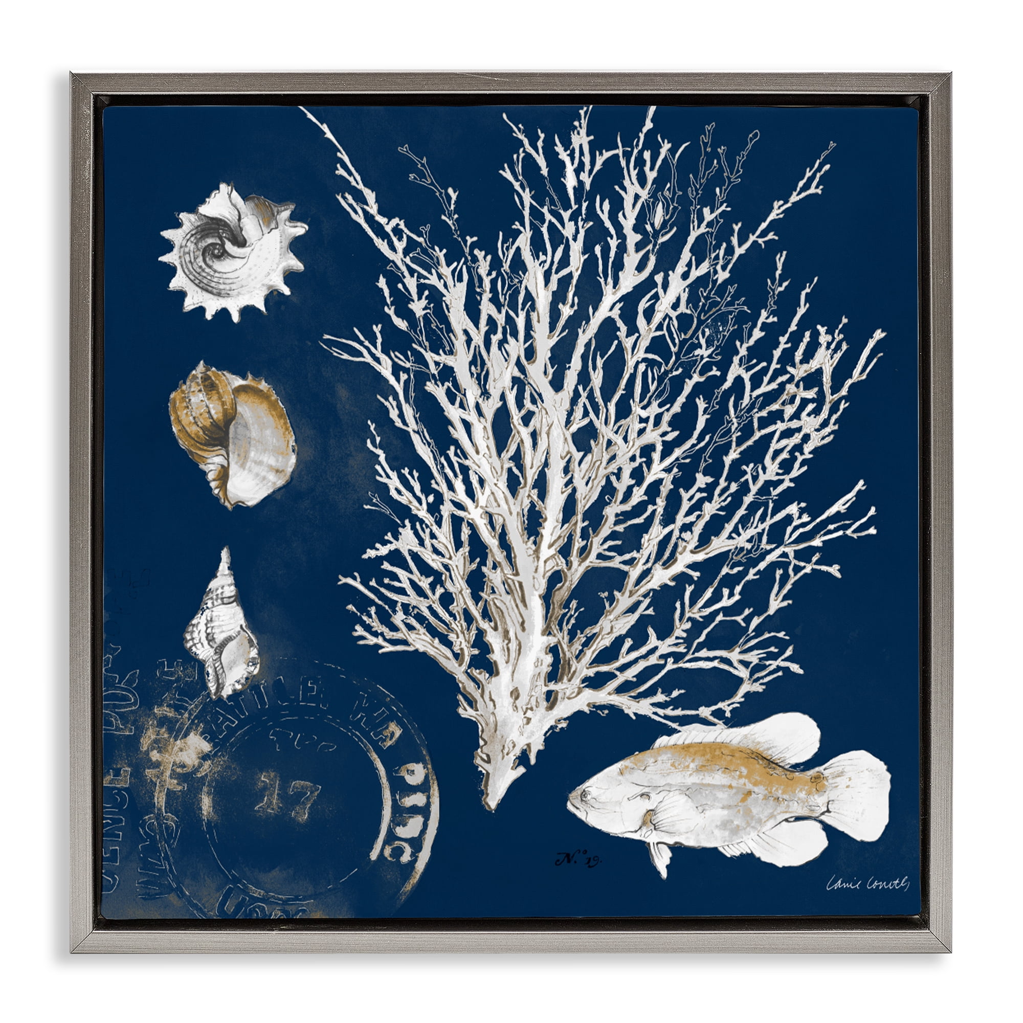 Stupell Industries Coral Medley on Navy Gray Framed Floater Canvas Wall Art, design by Lanie Loreth