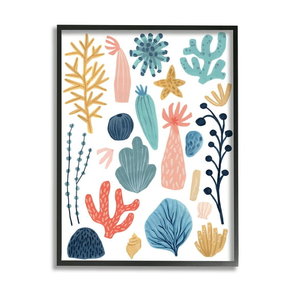Stupell Industries Coral Reef Ocean Life Playful Pastel Sea Plants Nature Painting Black Framed Art Print Wall Art, 16 x 20