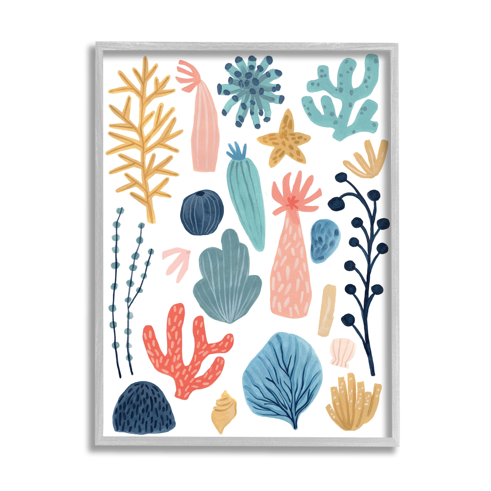 Stupell Industries Coral Reef Ocean Life Playful Pastel Sea Plants Nature Painting Gray Framed Art Print Wall Art, 16 x 20