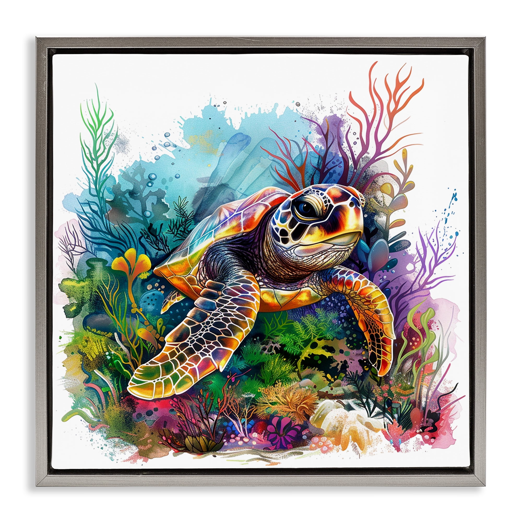 Stupell Industries Coral & Sea Life Turtle Animals Painting Gray Floater Framed Canvas Art Print Wall Art, 25 x 25