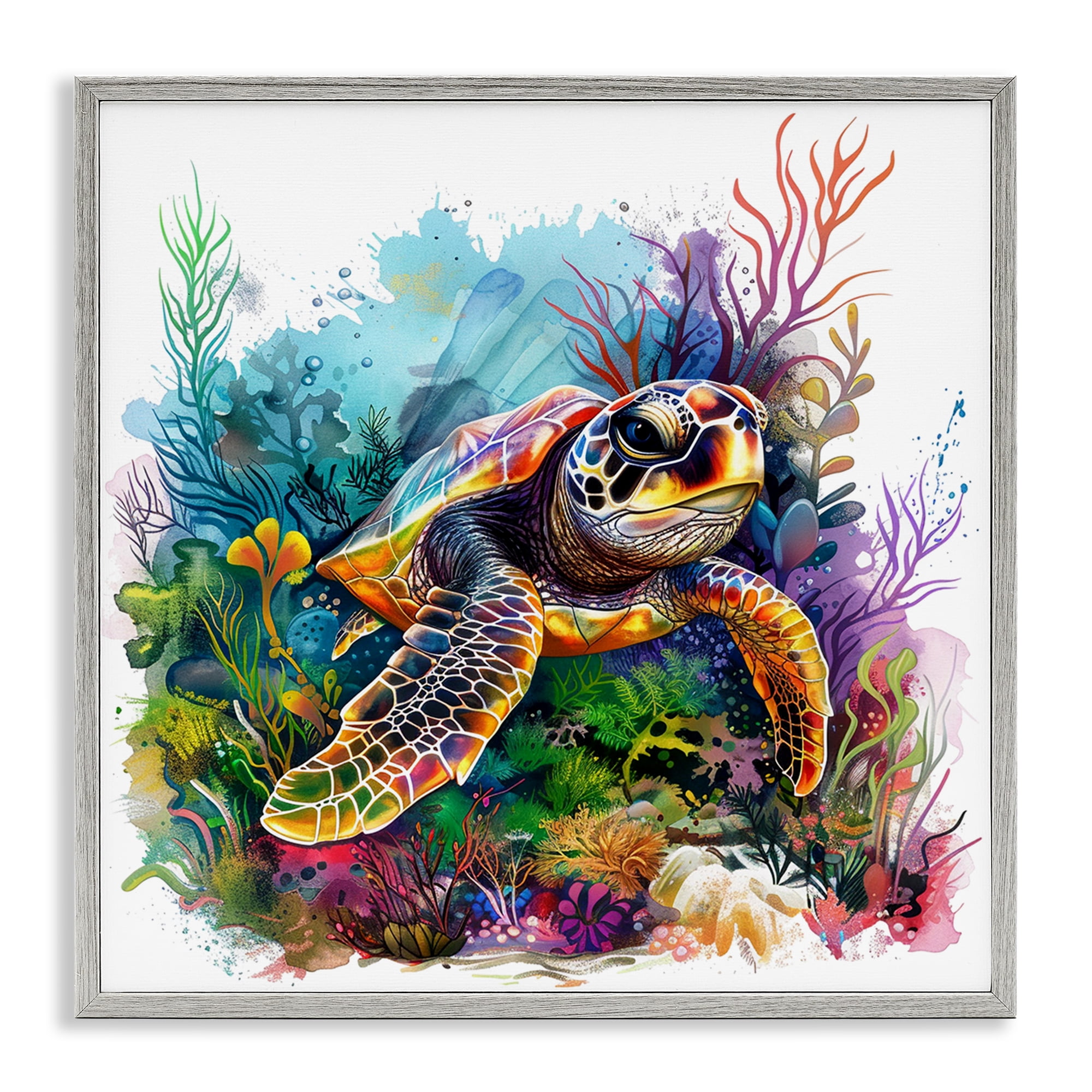 Stupell Industries Coral & Sea Life Turtle Animals Painting Gray Framed Art Print Wall Art, 17 x 17