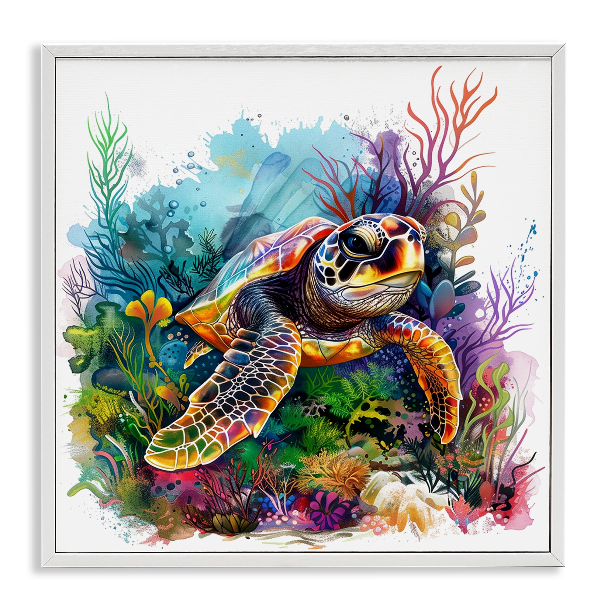 Stupell Industries Coral & Sea Life Turtle Animals Painting White Framed Art Print Wall Art, 12 x 12