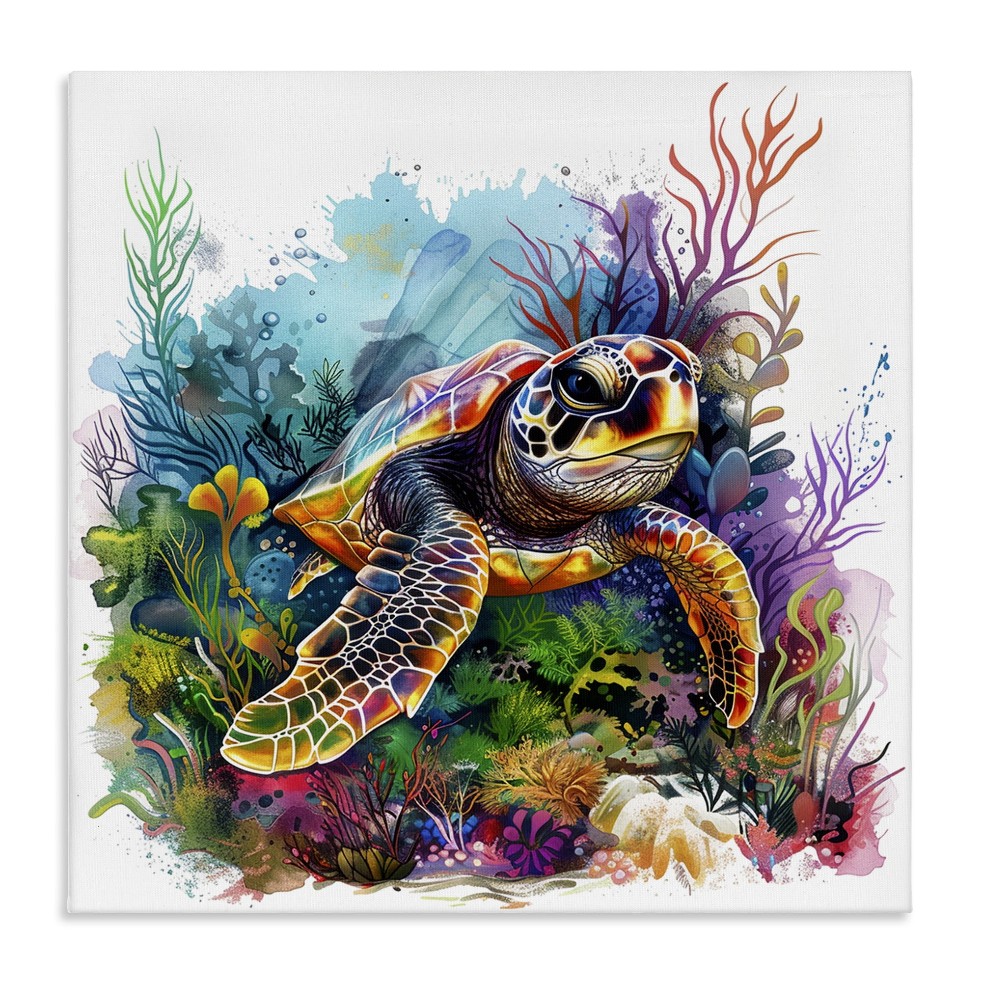 Stupell Industries Coral & Sea Life Turtle Animals Painting Wrapped Canvas Art Print Wall Art, 36 x 36