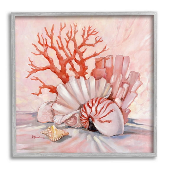 Stupell Industries Coral Still Life Aquatic Seashells Painting Gray Framed Art Print Wall Art, Design by Paul Brent