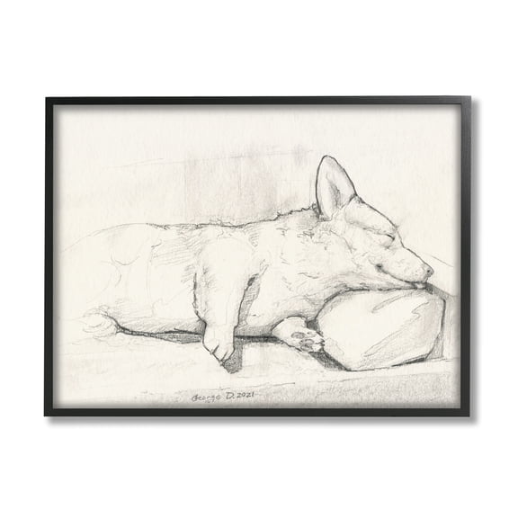 Stupell Industries Corgi Dog Lolling Tongue Graphite Pencil Sketch Drawing Print Black Framed Art Print Wall Art, Design by George Dyachenko