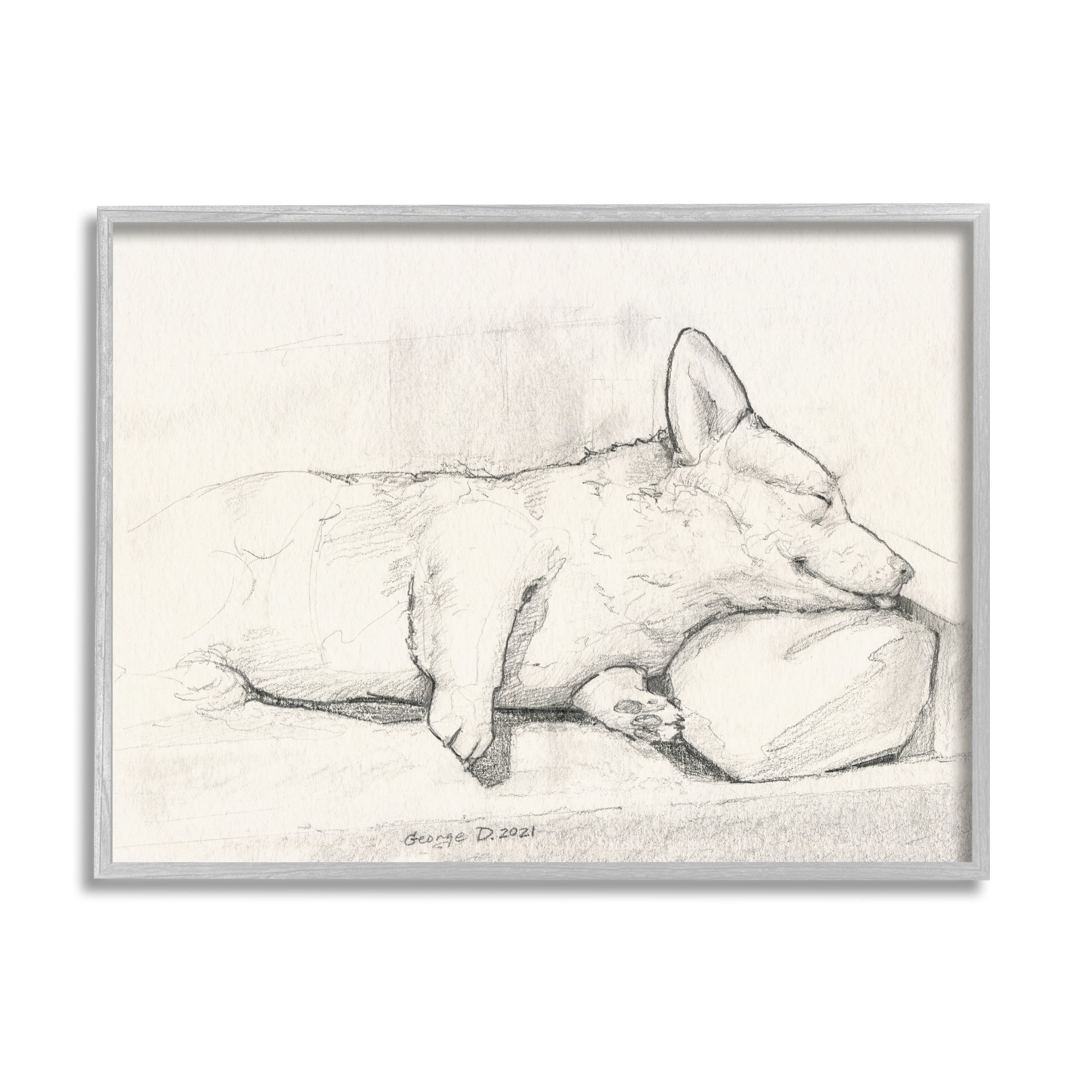 Stupell Industries Corgi Dog Lolling Tongue Graphite Pencil Sketch Drawing Print Gray Framed Art Print Wall Art, Design by George Dyachenko