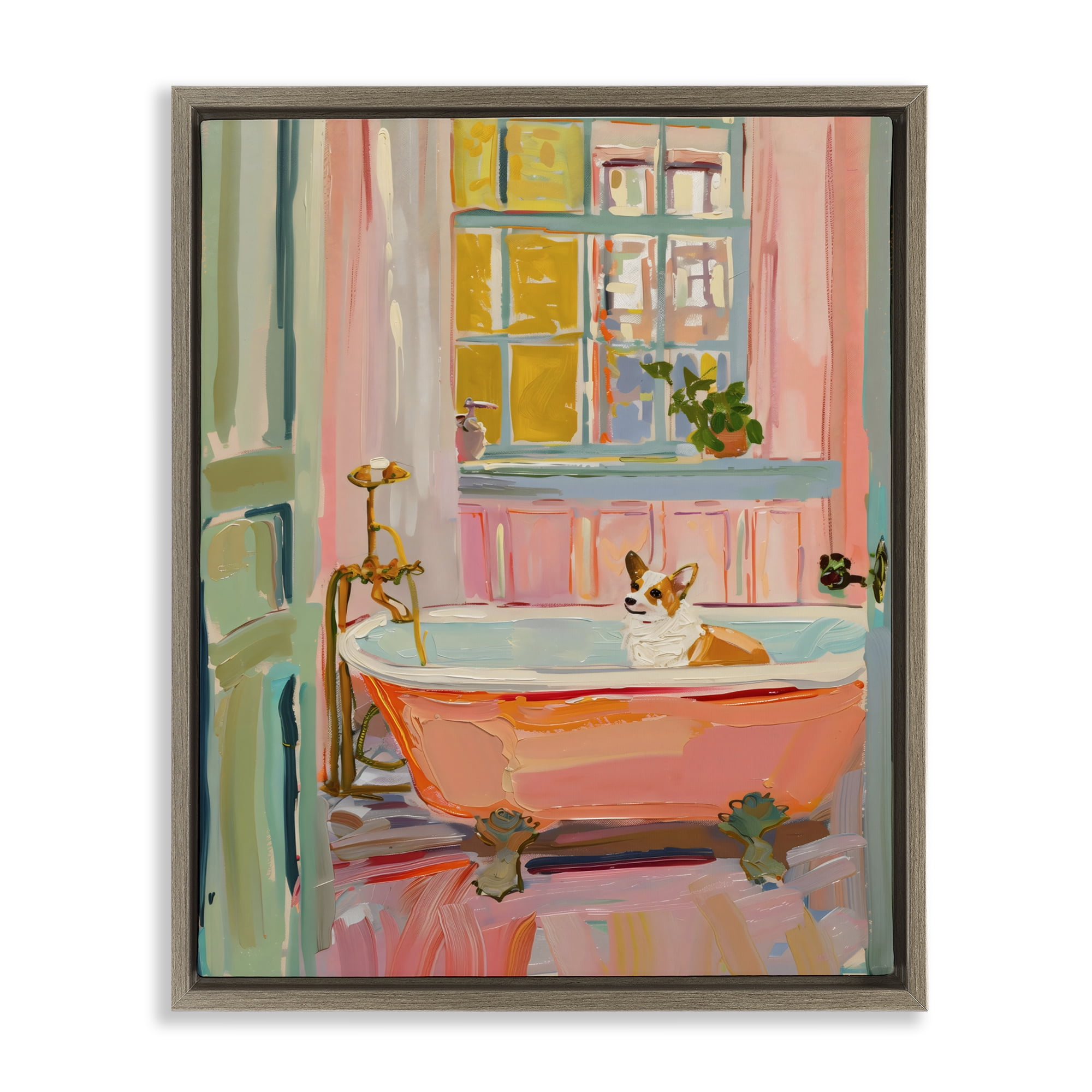 Stupell Industries Corgi in Bathtub Brown Framed Floater Canvas Wall Art, design by The Prints Vibe