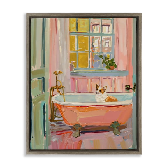 Stupell Industries Eclectic Corgi in Bathtub Brown Floating Frame Canvas Art, 17 x 21, by The Prints Vibe