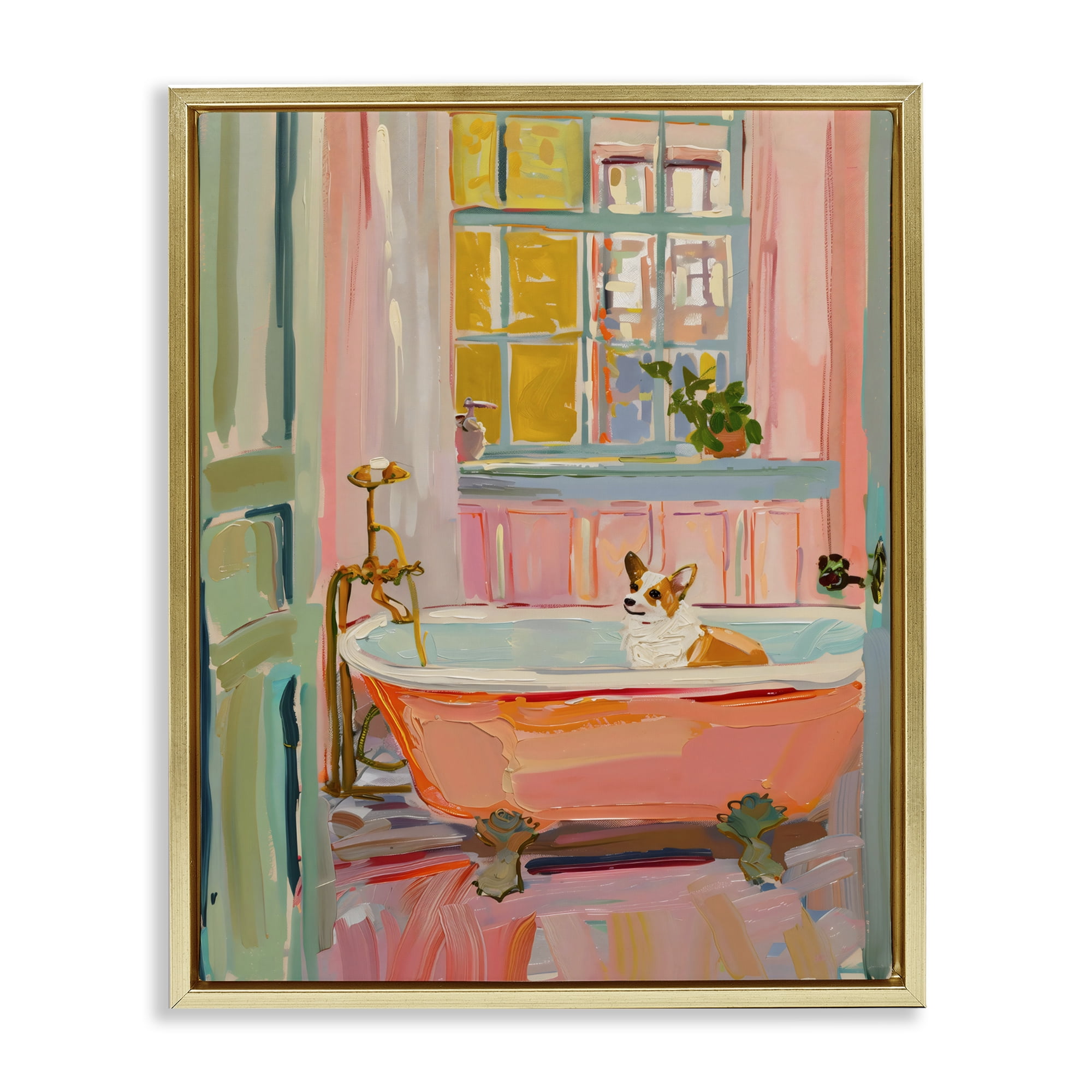 Stupell Industries Corgi in Bathtub Gold Framed Floater Canvas Wall Art, design by The Prints Vibe