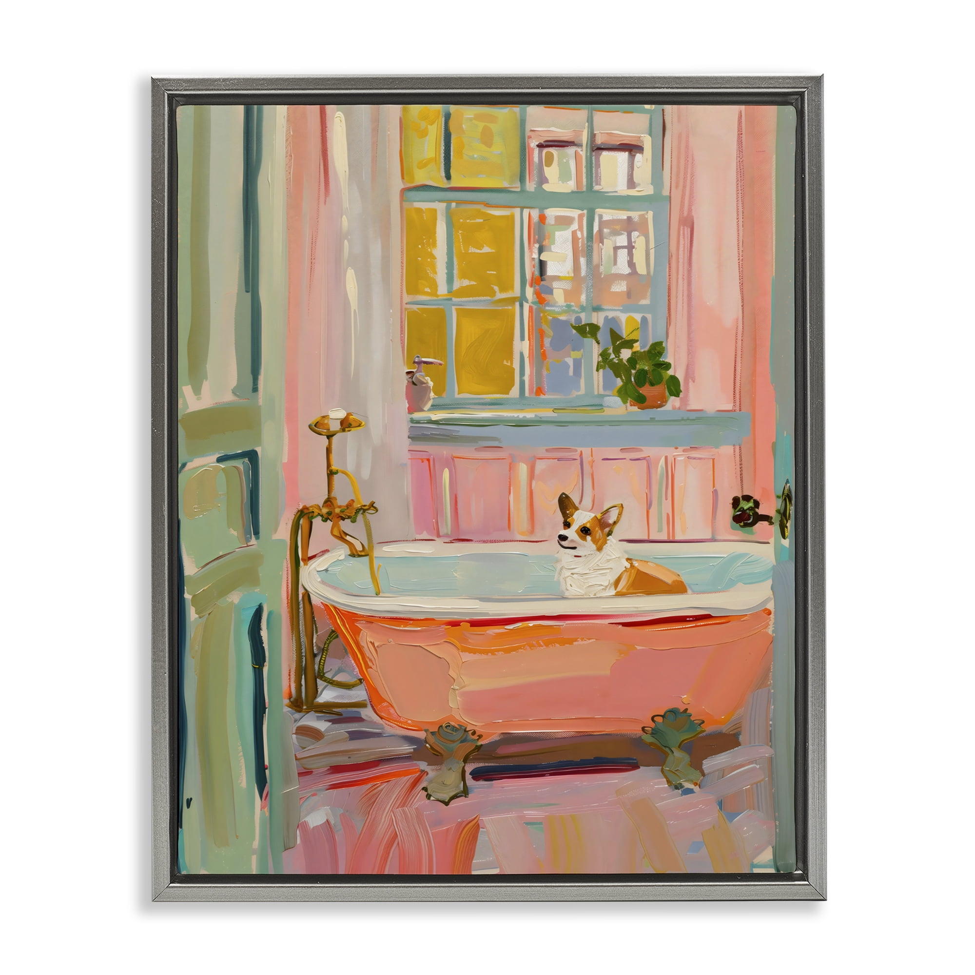 Stupell Industries Corgi in Bathtub Gray Framed Floater Canvas Wall Art, design by The Prints Vibe