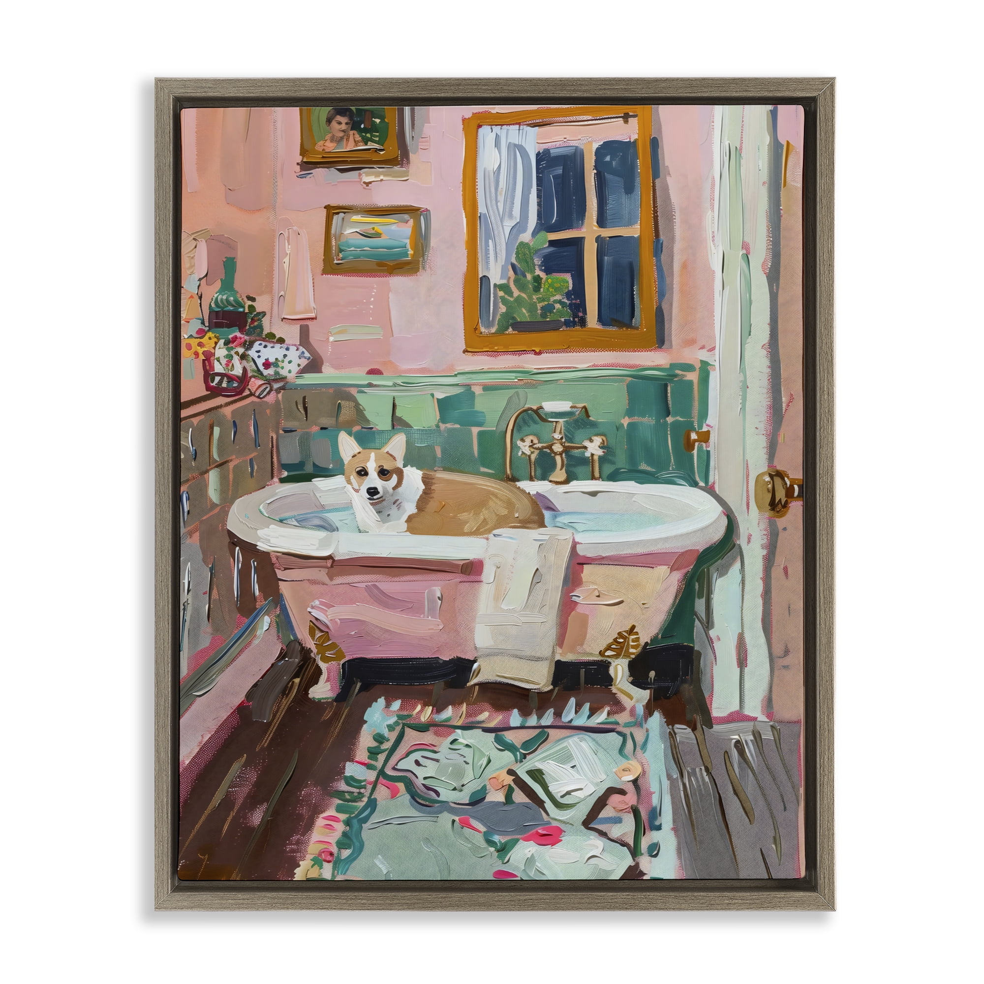 Stupell Industries Corgi in Pastel Tub Brown Framed Floater Canvas Wall Art, design by The Prints Vibe