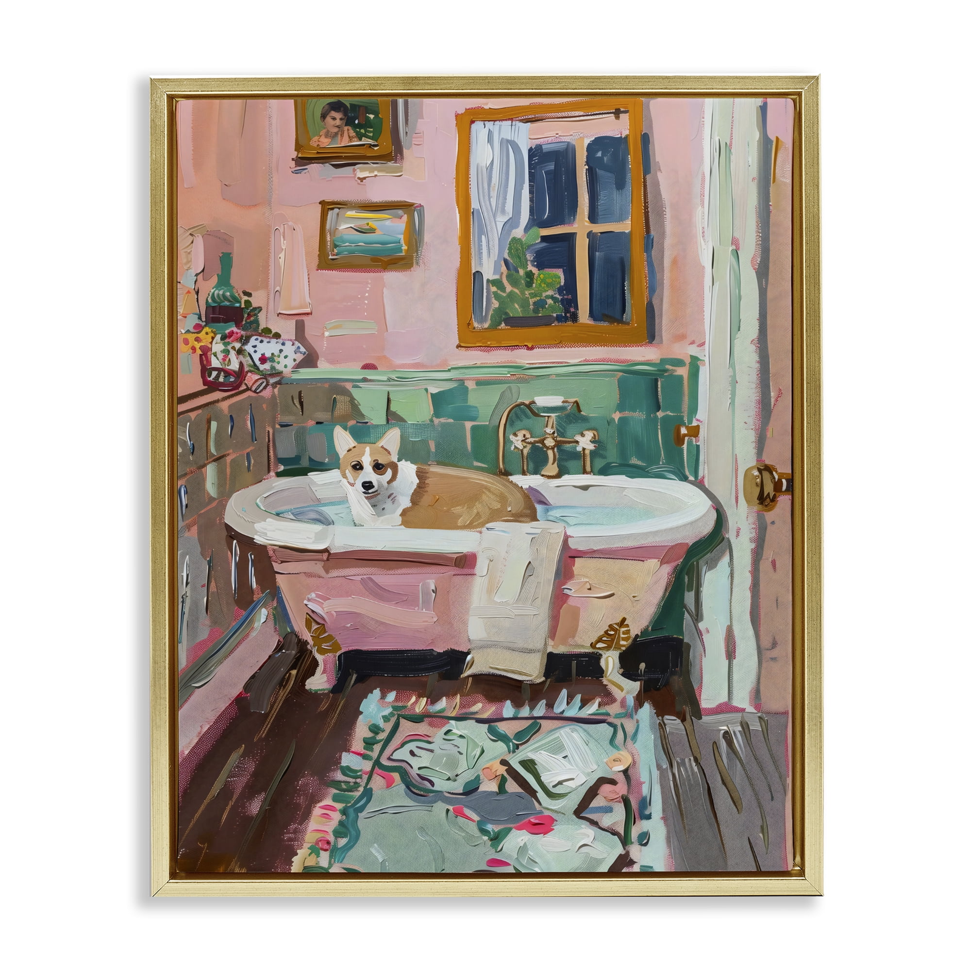 Stupell Industries Corgi in Pastel Tub Gold Framed Floater Canvas Wall Art, design by The Prints Vibe