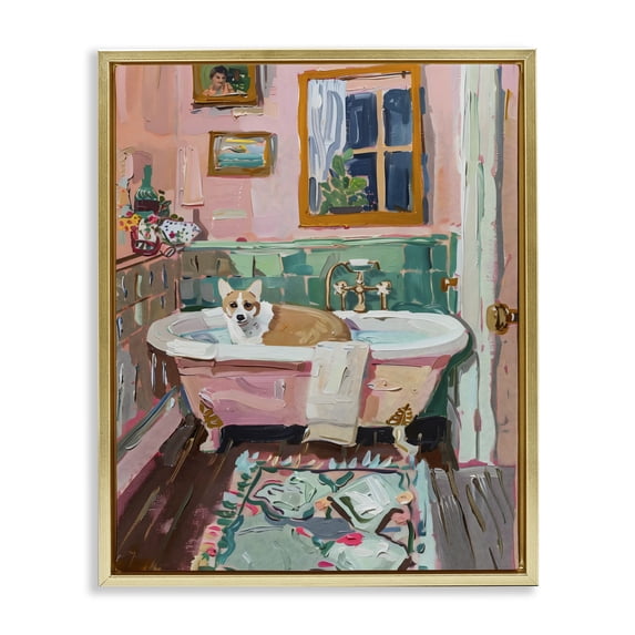 Stupell Industries Eclectic Corgi in Pastel Tub Gold Floating Frame Canvas Art, 17 x 21, by The Prints Vibe
