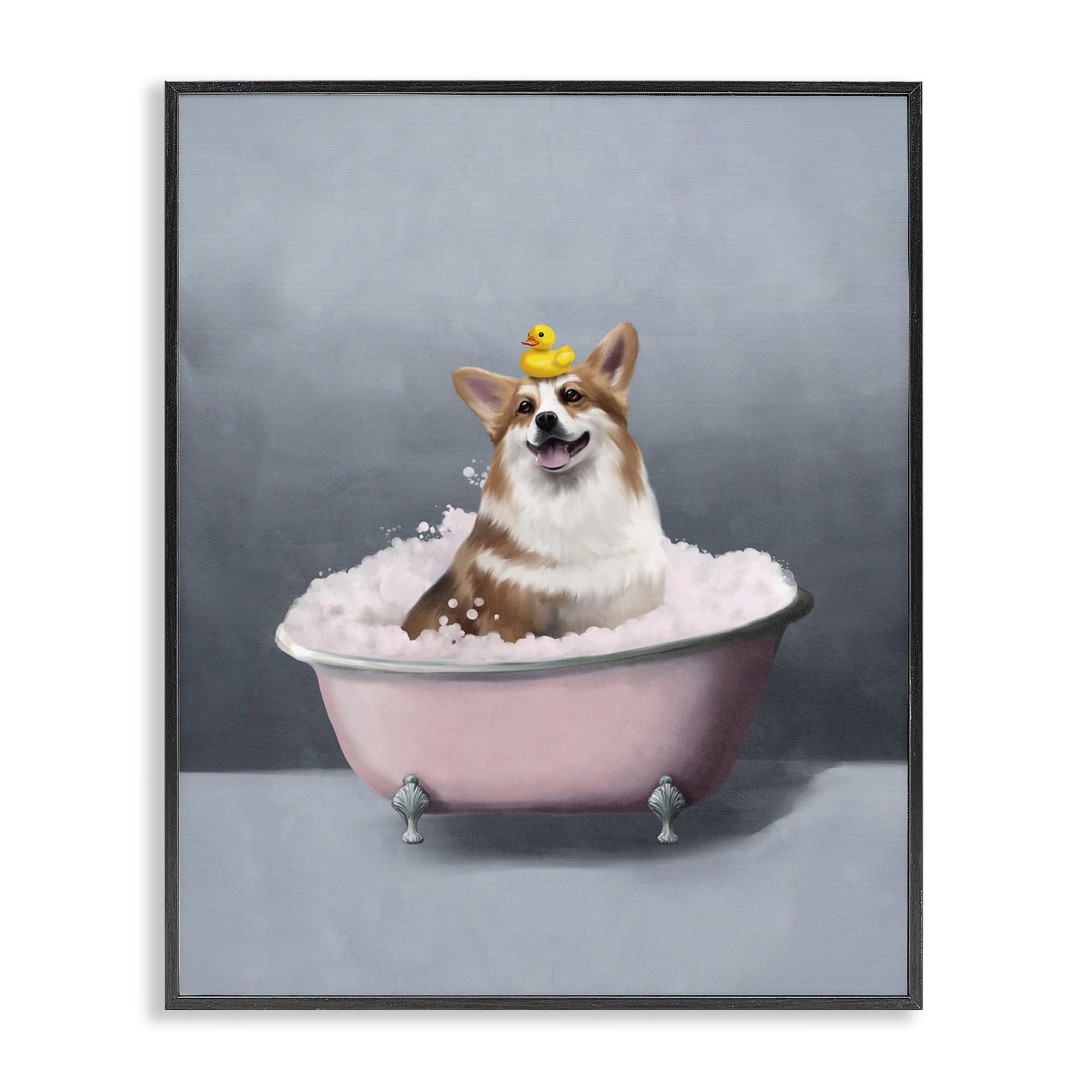 Stupell Industries Corgi in Pink Bath Bath & Laundry Painting Black Framed Art Print Wall Art, 24 x 30