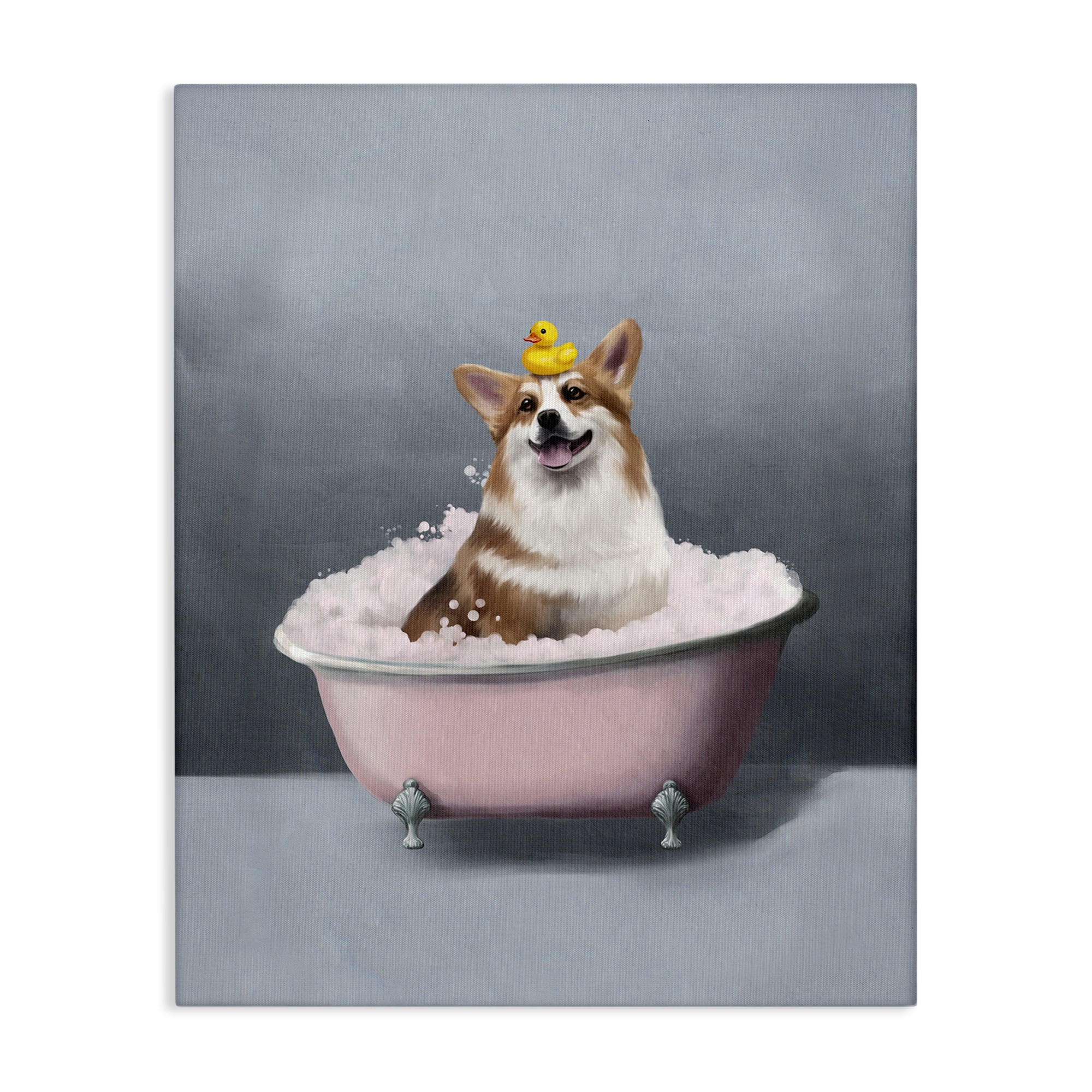 Stupell Industries Corgi in Pink Bath Bath & Laundry Painting Wrapped Canvas Art Print Wall Art, 24 x 30