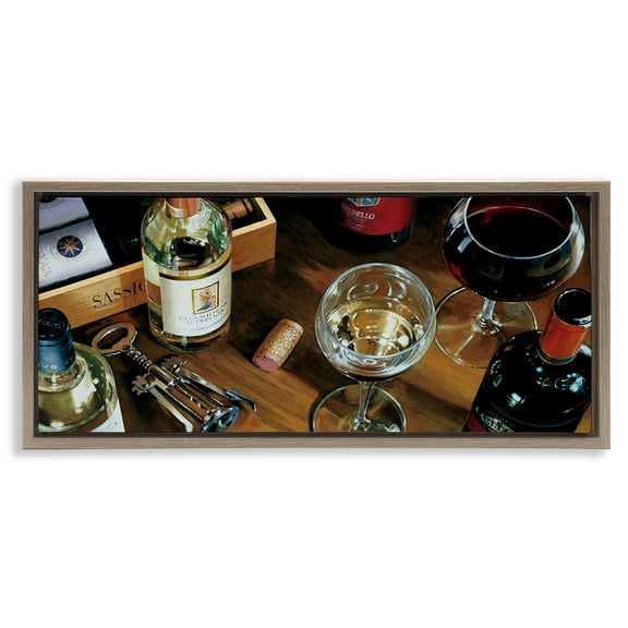 Stupell Industries Corks & Wine Bottles View Food & Beverage Painting Brown Floater Framed Canvas Art Print Wall Art, 25 x 11