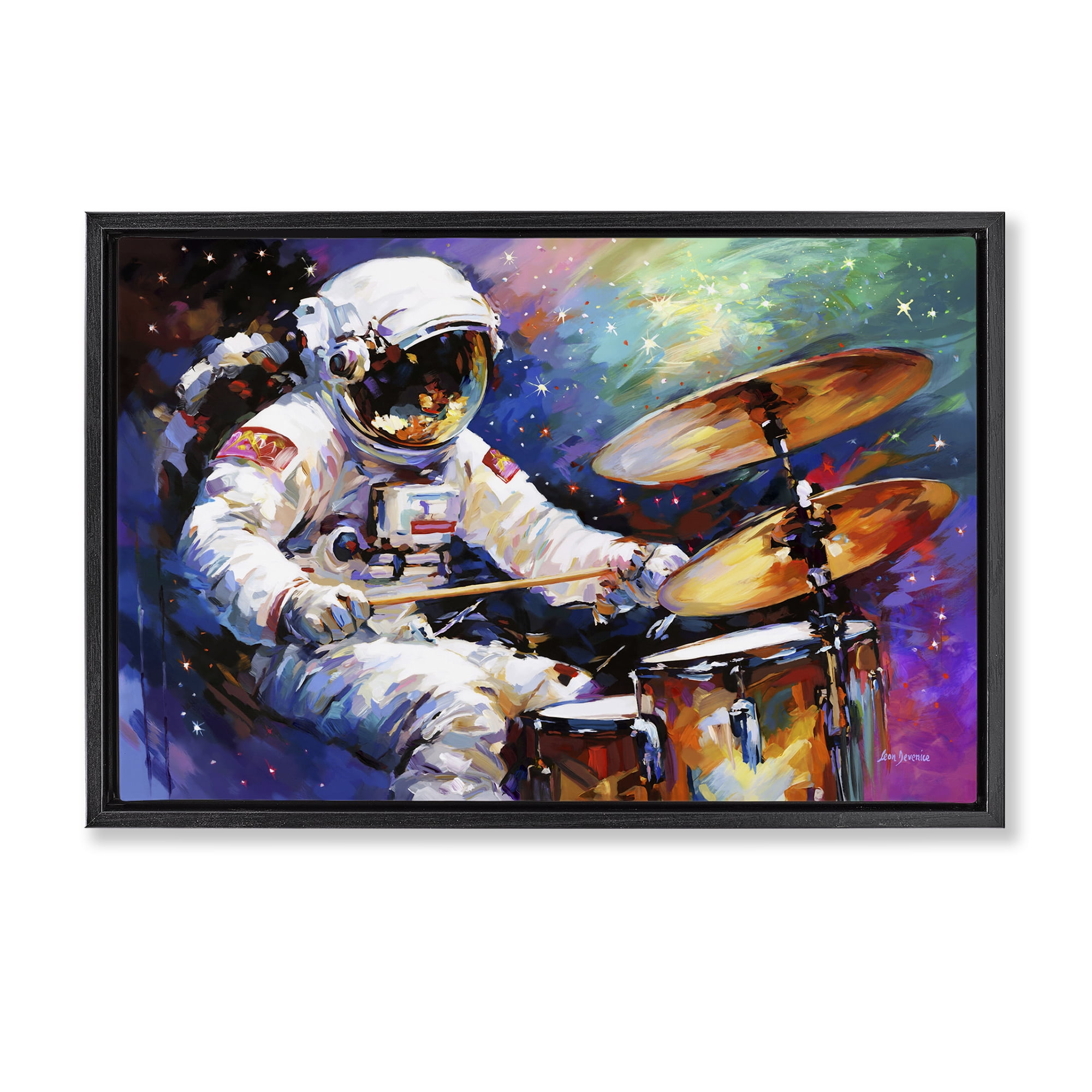 Stupell Industries Cosmic Drummer Musician Astrology & Stars Painting Black Floater Framed Canvas Art Print Wall Art, 25 x 17