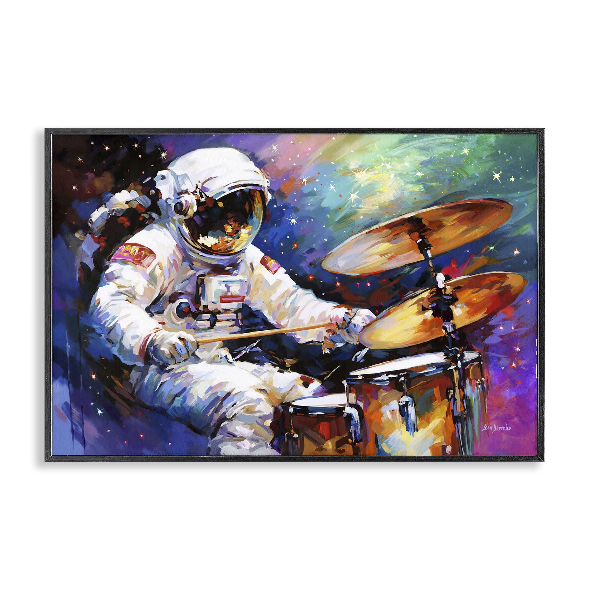 Stupell Industries Cosmic Drummer Musician Astrology & Stars Painting Black Framed Art Print Wall Art, 18 x 12