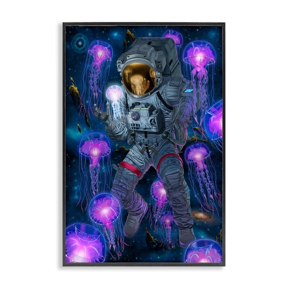 Stupell Industries Cosmic Encounter Astronaut & Jellyfish Outer Space Painting Black Framed Art Print Wall Art, 16 x 24