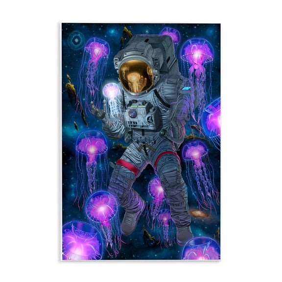 Stupell Industries Cosmic Encounter Astronaut & Jellyfish Outer Space Painting Unframed Art Print Wall Art, 13 x 19
